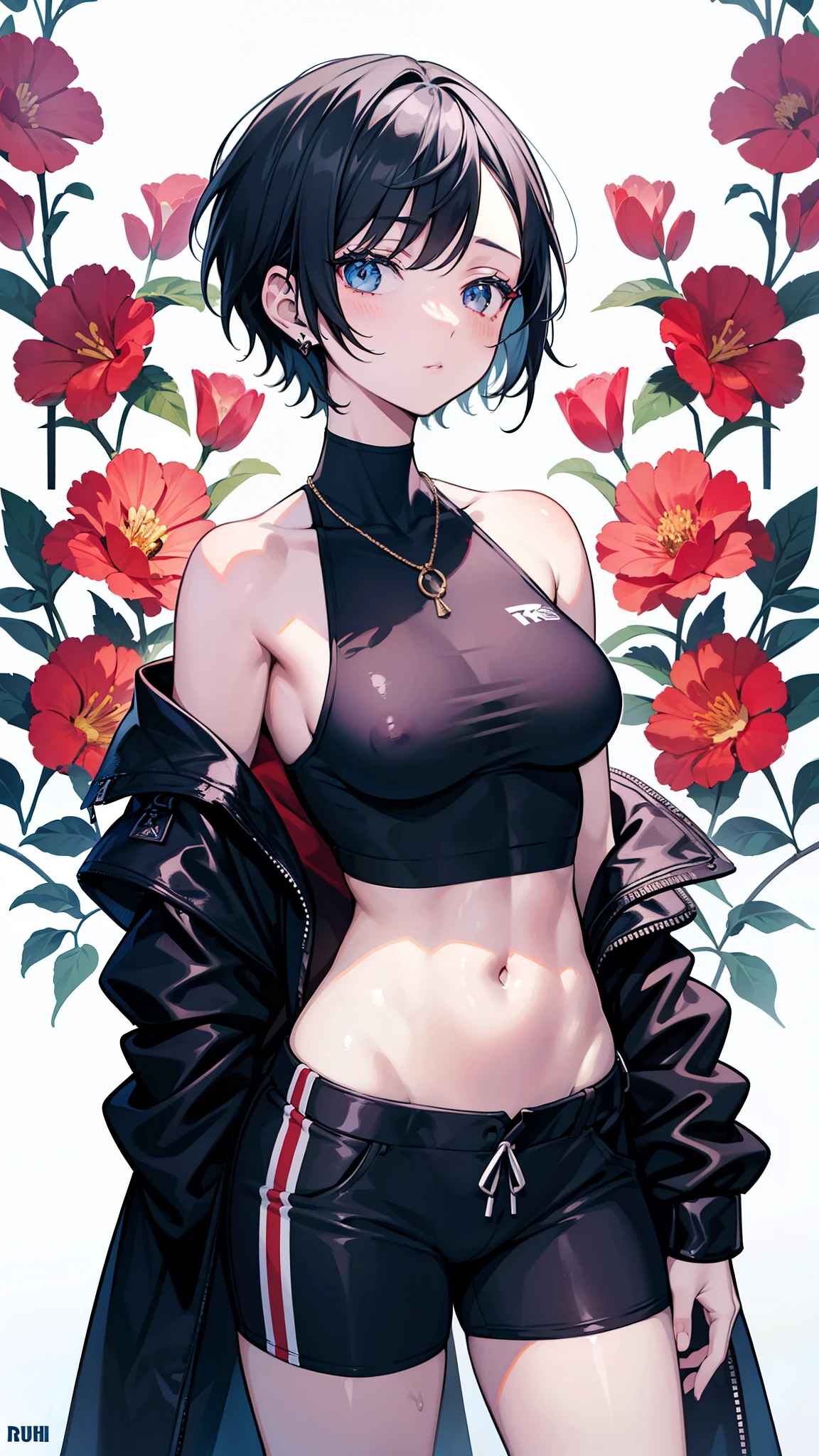 (nsfw), C model, Digital Illustration, (masterpiece:1.2), high quality, Detailed eyes, Showcasing a very beautiful young woman with short hair, she exudes confidence in her streetwear outfit. The illustration highlights her toned abdominal muscles and features blooming flowers subtly incorporated into the design. The style is sleek and modern, with a focus on the woman's captivating features, making this a true masterpiece.