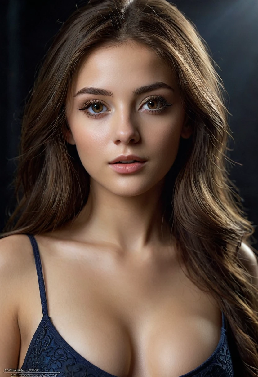Extreme Beautiful girl from columbia, hyperrealistic face, medium-sized eyes, small nose, long brown hair, 25 years old, medium breasts, sexy pose, full body, mystical dark light