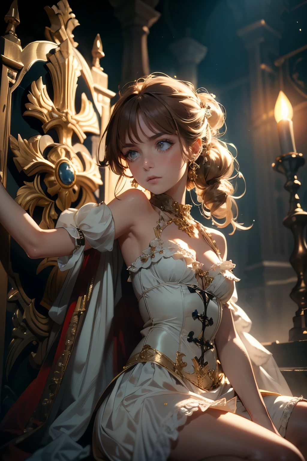 ((best quality)), ((masterpiece)), (detailed), red and white clothing, Bloodborne inspired,  occult aesthetic, occult, detailed and intricate steampunk and detailed gothic, NSFW, Very dramatic and cinematic lighting, cosmic horror, grim-dark, side-lighting, perfect face, NSFW, Fluttering lace flared long knee length dress with frilly petticoats, knee length dress, pleated petticoats, lolita dress, petticoats gothic lolita, complex lace boots, wielding a sword and holding a shield, side-lighting, gothic lolita aesthetic, NSFW, beautiful small breasts, small breasts