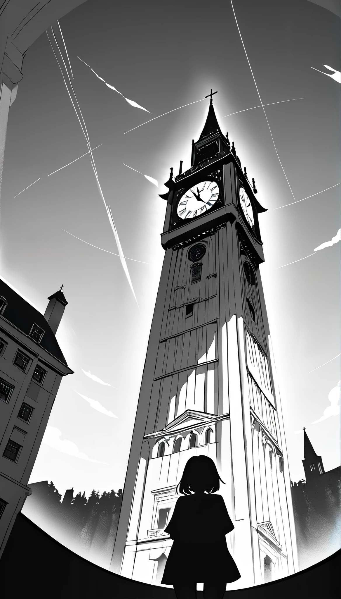 ((Picture books))、High contrast、(8k, Highest quality)、Ultra-high resolution、adorable、Highest quality, beautiful, Absurd beauty、masterpiece、Best image quality、Clock Tower and Girl Theme、European Landscape、Clock Tower Background、A girl taking a commemorative photo、Looking up from below、Emphasize shading、Wide-angle lens、Lens flare