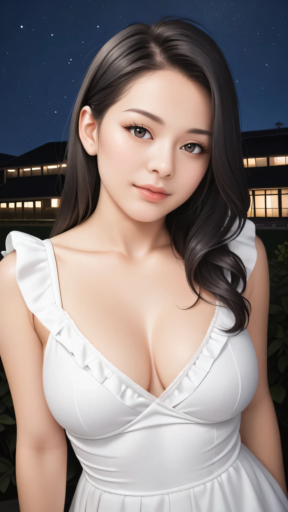 ,score_9,score_8_superior,score_7_superior, 20-year-old, 8k, High resolution, beautiful girl, Black Hair, Straight hair, One girl, Detailed face, Beautiful woman face, frill dress, moolight, night sky, View your viewers,