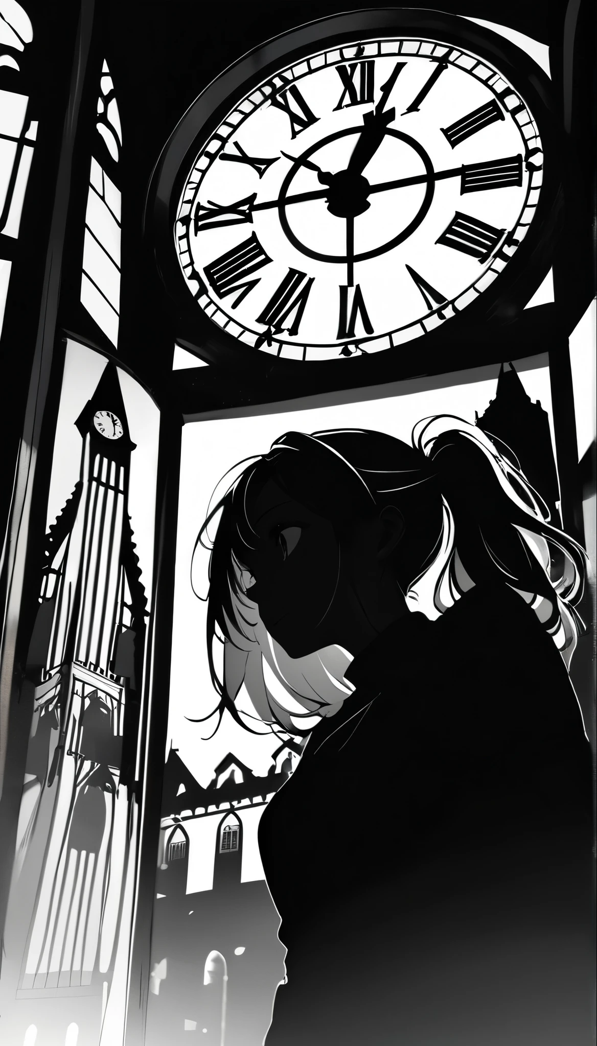 ((Monochrome artwork))、High contrast、(8k, Highest quality)、Ultra-high resolution、adorable、Highest quality, beautiful, Absurd beauty、masterpiece、Best image quality、(Silhouette of a girl),Clock Tower and Girl Theme、European Landscape、Clock Tower Background、A girl taking a commemorative photo、Looking up from below、Emphasize shading