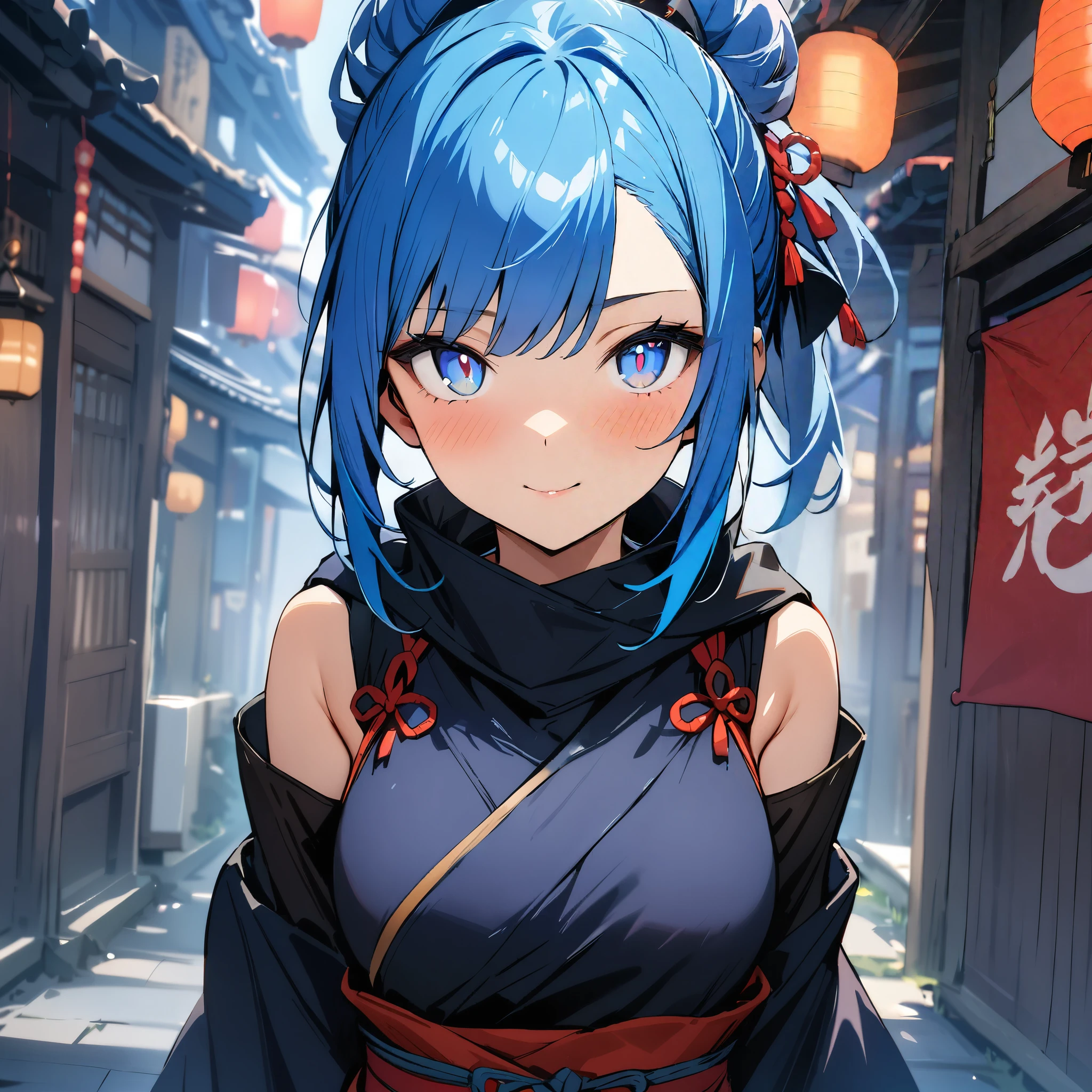 ((masterpiece)),(Highest quality),(detailed),(One girl), Blue Hair, Glowing blue eyes, Updo, Facing the viewer,Ninja Costume