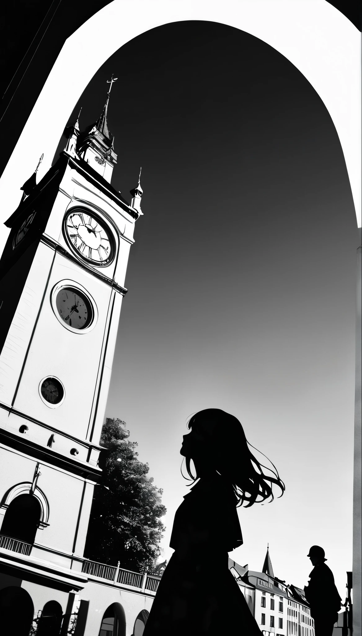 ((Monochrome artwork))、High contrast、(8k, Highest quality)、Ultra-high resolution、adorable、Highest quality, beautiful, Absurd beauty、masterpiece、Best image quality、(Silhouette of a girl),Clock Tower and Girl Theme、European Landscape、Clock Tower Background、A girl taking a commemorative photo、Looking up from below、Emphasize shading
