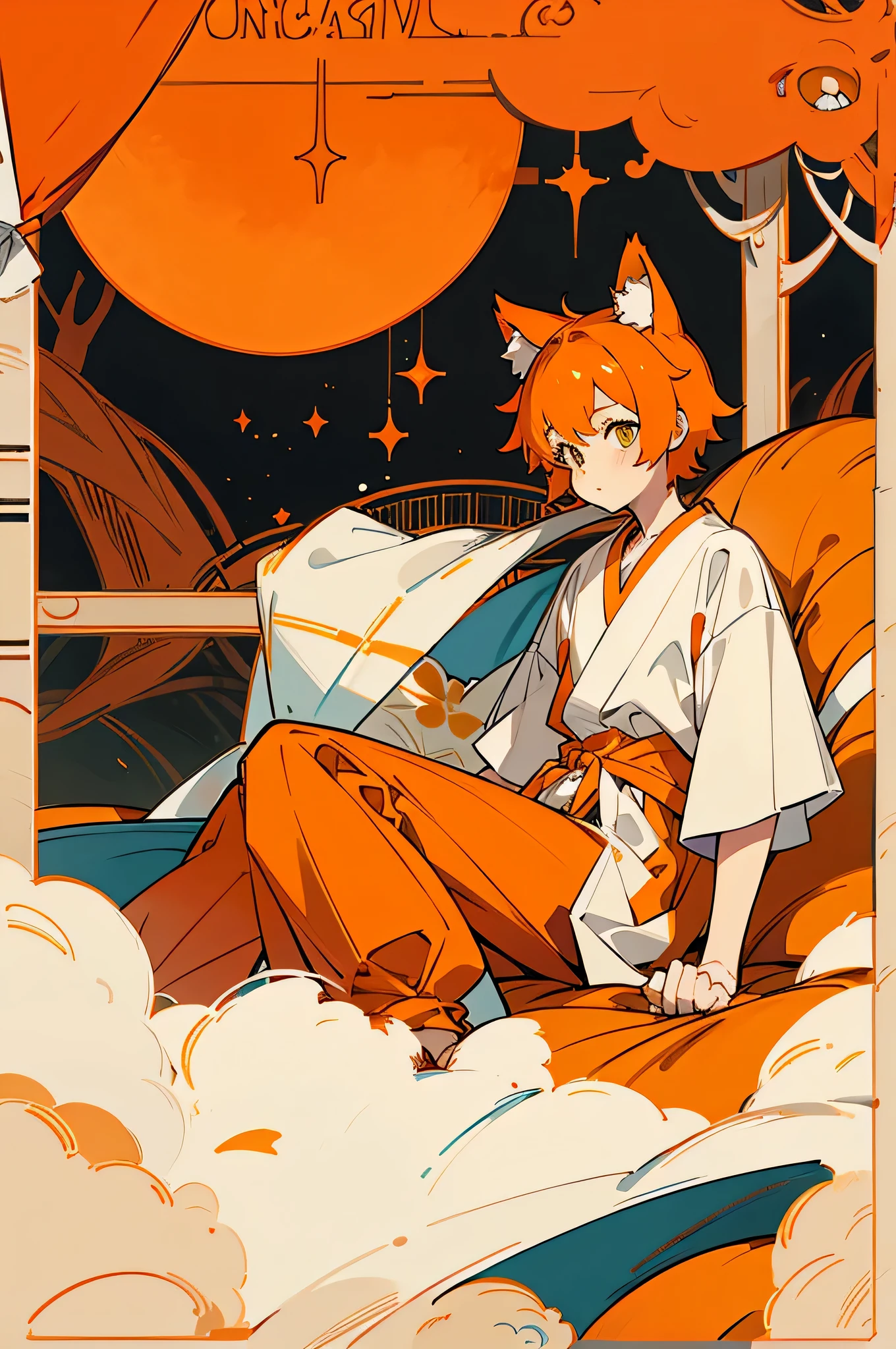 Orange cat ears, orange short hair, a long orange cat tail, hospital gown, black pupils, boy, duck sitting