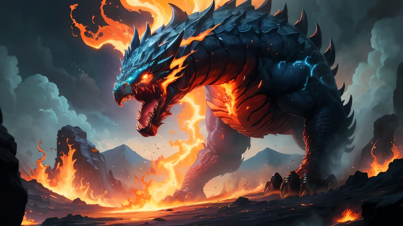 ((best quality)), ((masterpiece)), (detailed), A digital illustration of a giant monster falling from the sky with a fiery lava background
