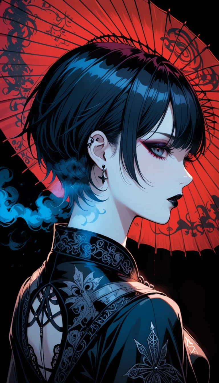 One girl, Goth Punk Haircut, In-person audience, Flat bangs, Outdoor, Leaning against a wall, Black Lipstick, Black Lips, Goth Makeup, Smokey Eye, eye shadow, eyeliner, Medium chest, Earrings, Long sleeve