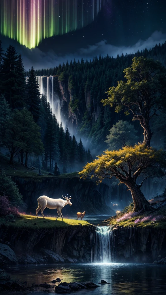 masterpiece, best quality, high quality, CG, 8K, landscape, night, Sky, cloud, unmanned ,Dense forest, Beautiful waterfall, rainbow, Fantasy image, firefly, moonlight, aurora, Tree, black snake on Tree, Apple herd, moose, Albino deer, White Rabbit,