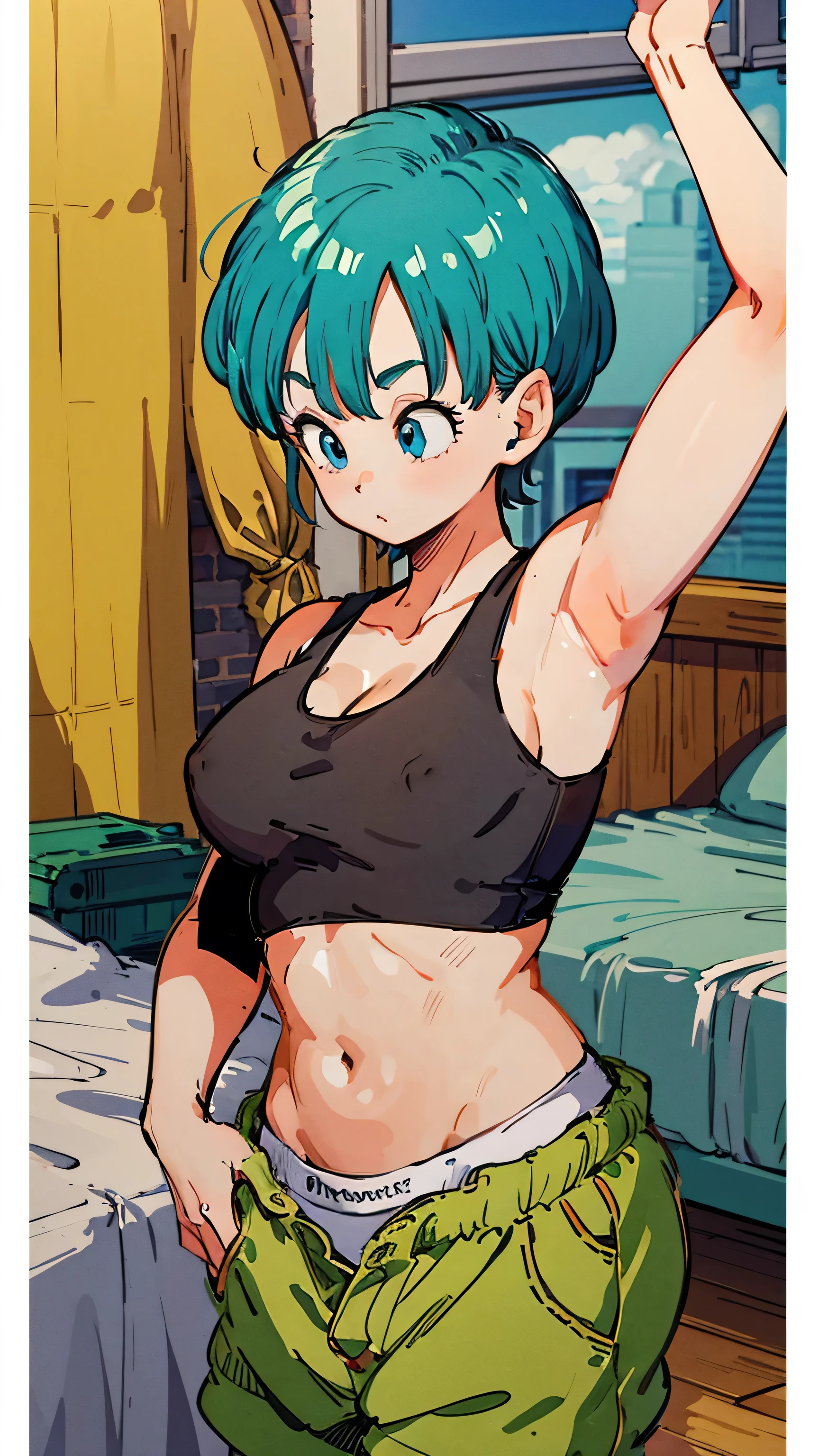(Highest quality, 8k, masterpiece),,Bloomers(Dragon Ball), One woman,,30 years old,Mom,Underwear,NSFW,Tank top bra,bedroom,Short Hair