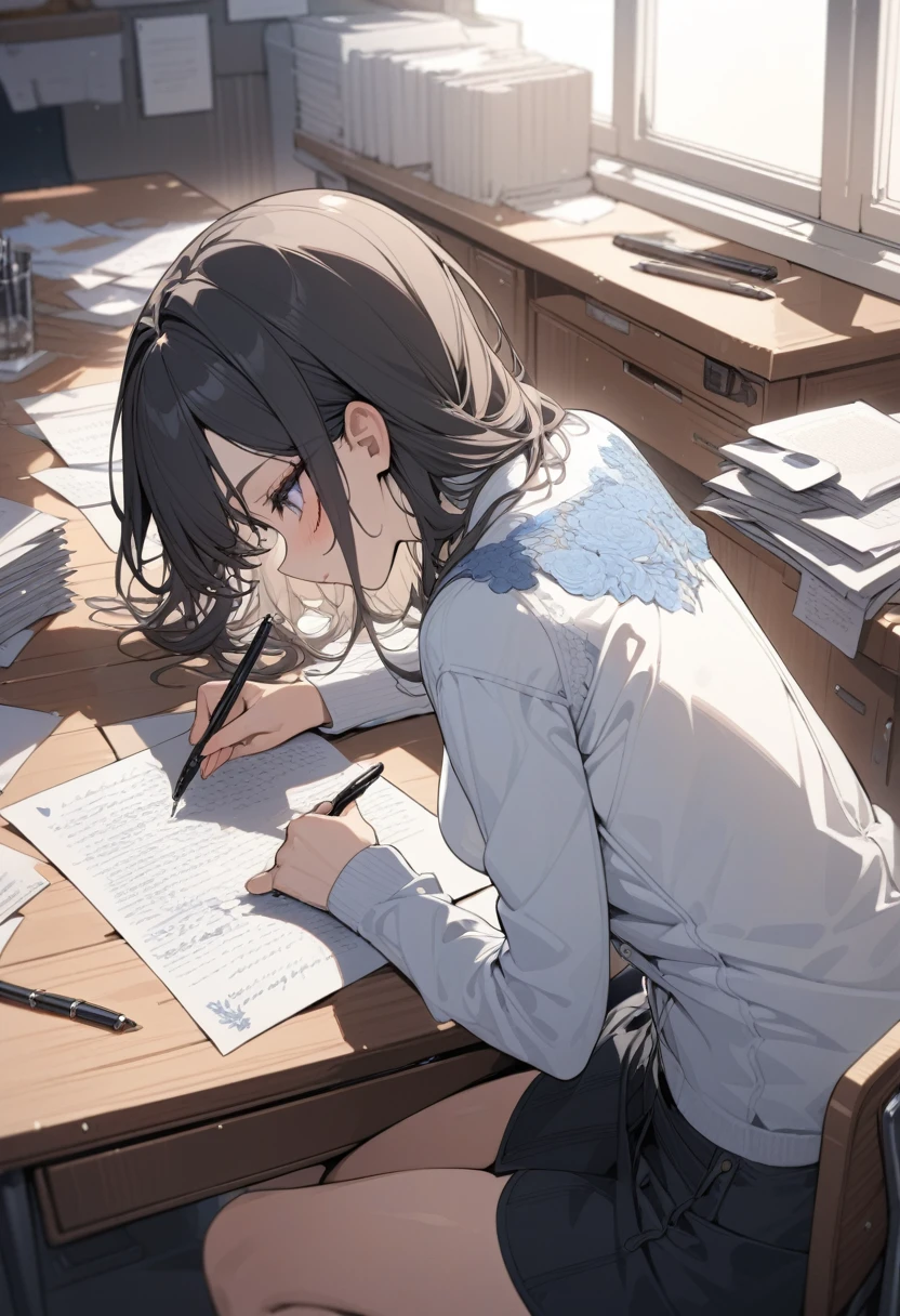 masterpiece, best quality, extremely detailed, ultra detailed, flat anime, 2D, solo girl writing on paper, Papers and stylish pen drive are on the desk.