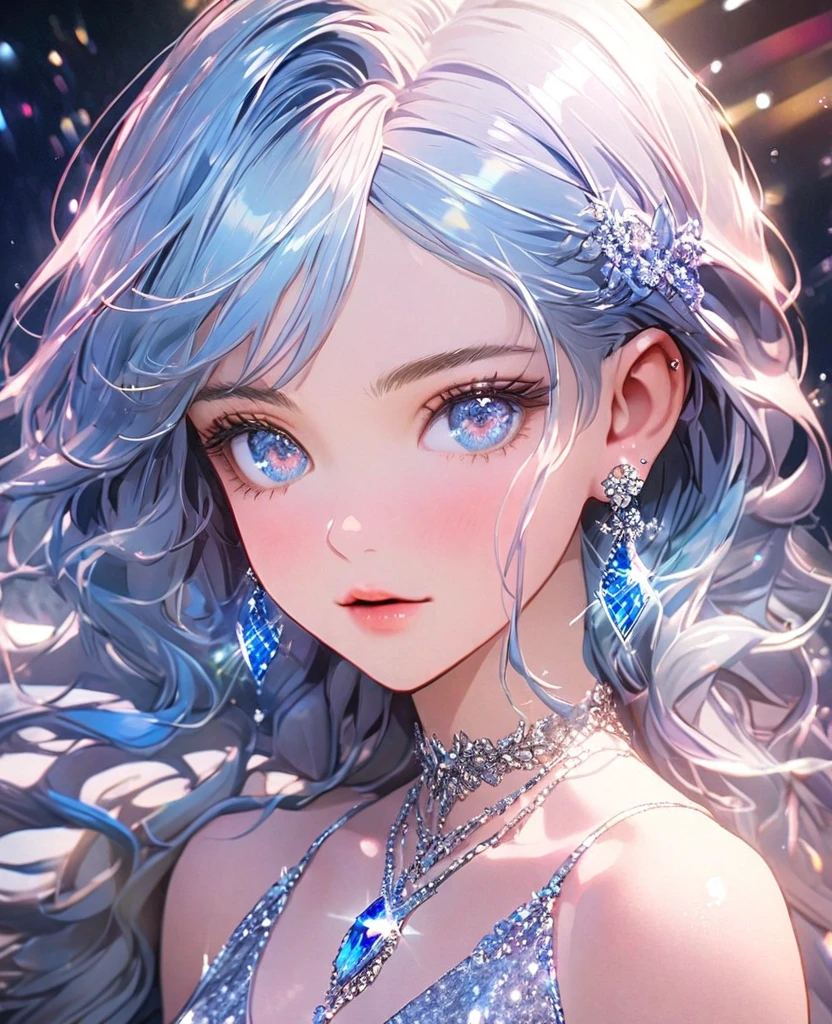 8K,gal,an extremely delicate and beautiful,Beautiful and realistic skin,Shiny jewel-like earrings,Shine like glitter long blue hair,beautiful eyes,glitter background,from the chest up