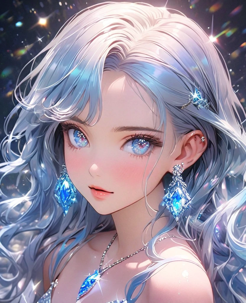 8K,gal，an extremely delicate and beautiful,Beautiful and realistic skin,Shiny jewel-like earrings,Shine like glitter long blue hair,beautiful eyes,glitter background,from the chest up