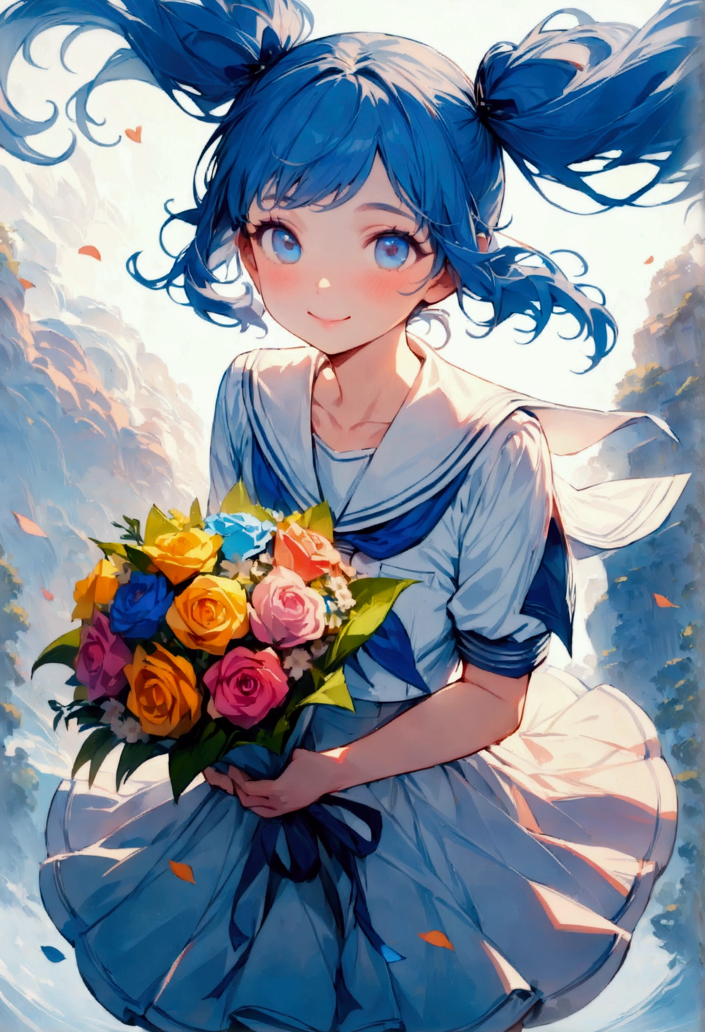 whole body, (female): 1girl, (solo), (perfect face), (detailed outfit), (), (holding a bouquet), beautiful female, smile (happy), blue hair, long hair, twintails hair, blue eyes, (serafuku), (white background), (masterpiece:1.4), (best quality), (highres) (sharp focus),