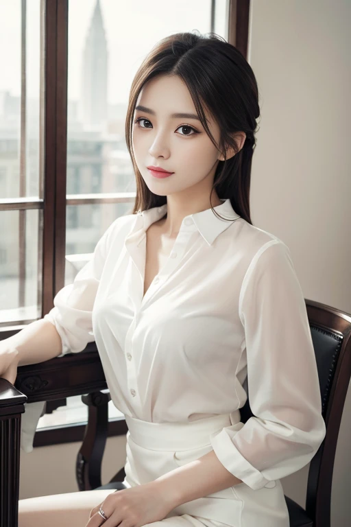 masterpiece, best quality, Practical, Very detailed, Finer details, high resolution, 8k wallpaper, A beautiful woman, Wear an elegant white see-through shirt, Perfect dynamic composition, Pretty and beautiful eyes、sit on the chair、