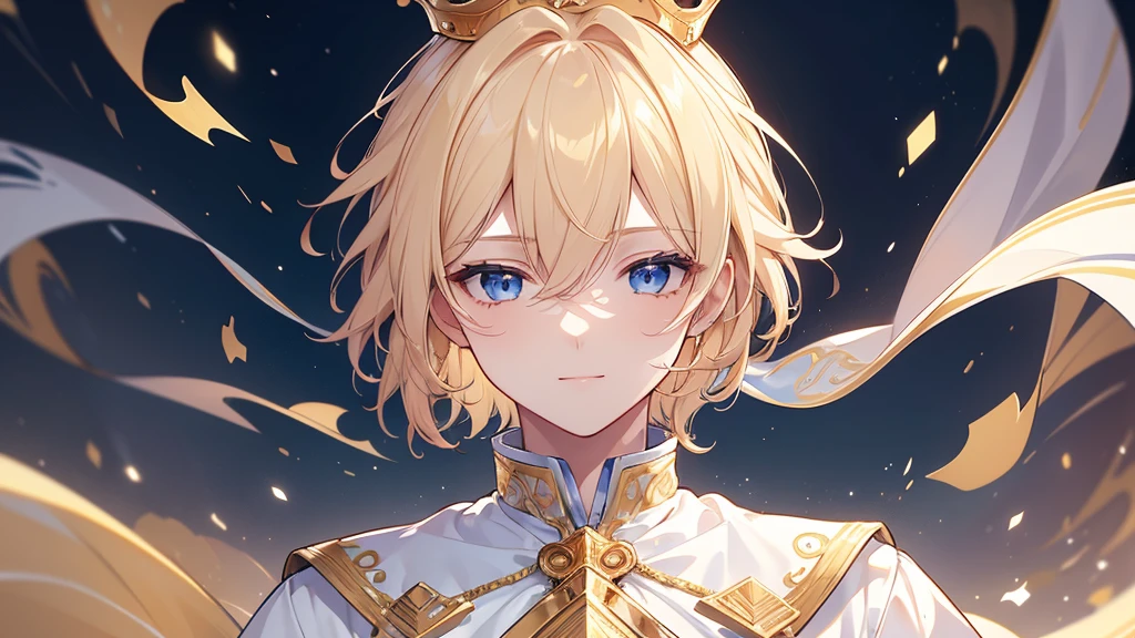 (Highest quality)　(4K)　(8k)　(High resolution)　(masterpiece:1.2)　(Super detailed)　One boy　short hair　Wizard　Blue Eyes　Long sleeve　Golden decoration　Hair between the eyes　White Dress　Wavy golden hair　Upper Body　(large crown)　(White Background)　(profile)　Face close-up　Young　smile