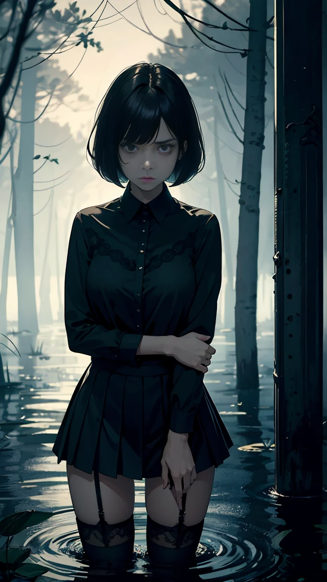 The woman,Expressive wrinkles,Bob haircut,jeans skirt,blouse,dark lace stockings with garters, standingn, ( drowning in a swamp:1.0),long eyelashes,expression of despair,Dark and moody lighting,Polluted atmosphere, terror. The pose expresses panic and awkwardness"