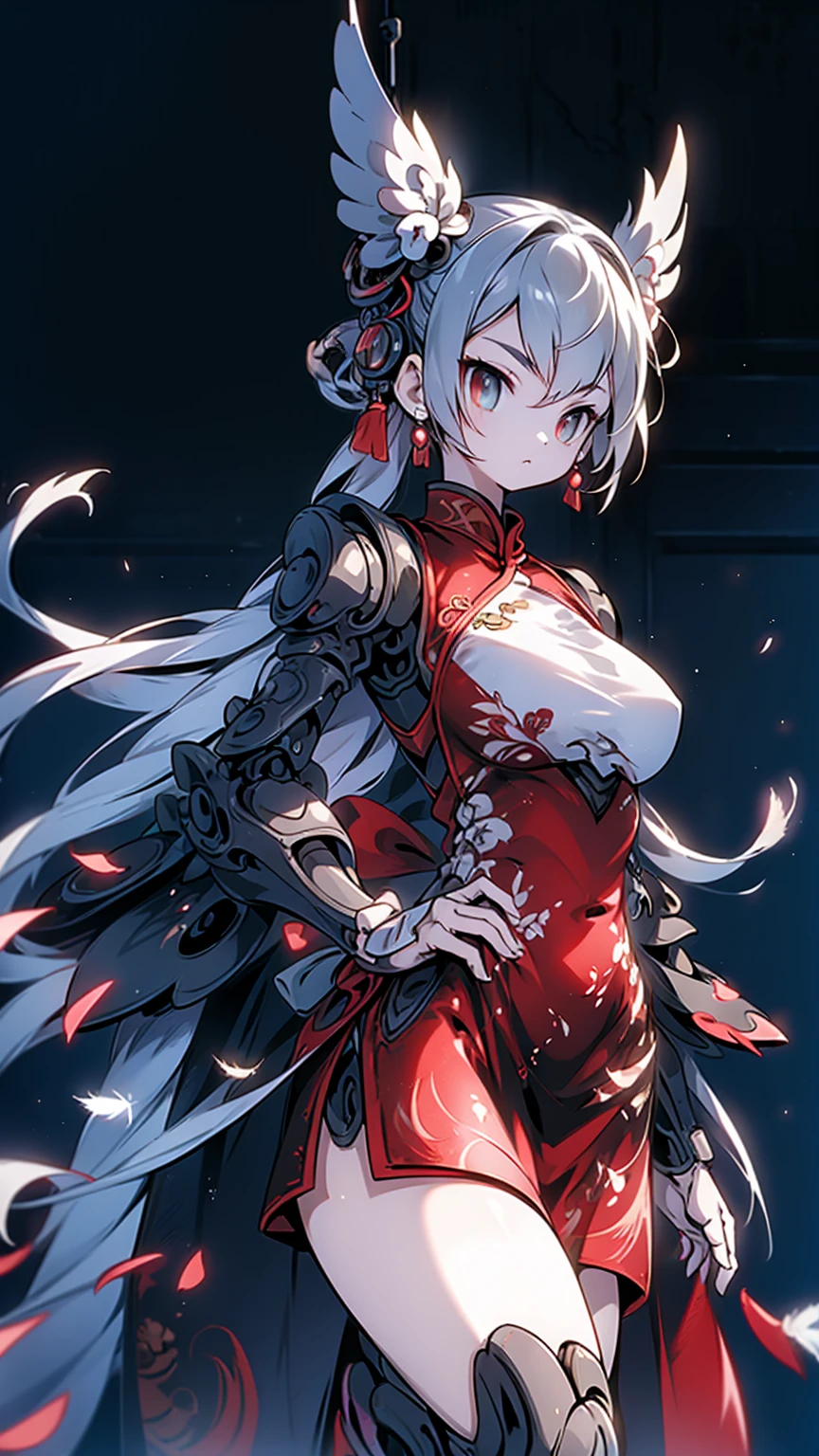 Cyberpunk style,bird girl,Bird Girl,Crane style,Crane element,black vs white,black vs white,White hair,White long hair,White clothes,harpy,wing,wing,Feather sleeves,wing袖子,White cheongsam,Feather costume,feather-adorned服装,feather-adorned,Feather hair card,Mechanical structure armor,Boxing gloves,Cyberpunk style装甲,Cyberpunk style服装,Kung Fu Girl Chinese Style,Fighting style,Cyberpunk style,Street background,赛博朋克Urban BackgroundStreet background,赛博朋克Street background,Urban Background,Standing posture,Fighting Stance,Fighting Stance,Boxing Stance,Boxing stance,Close-up above the waist,Ball head,White hair,White long hair,White hair