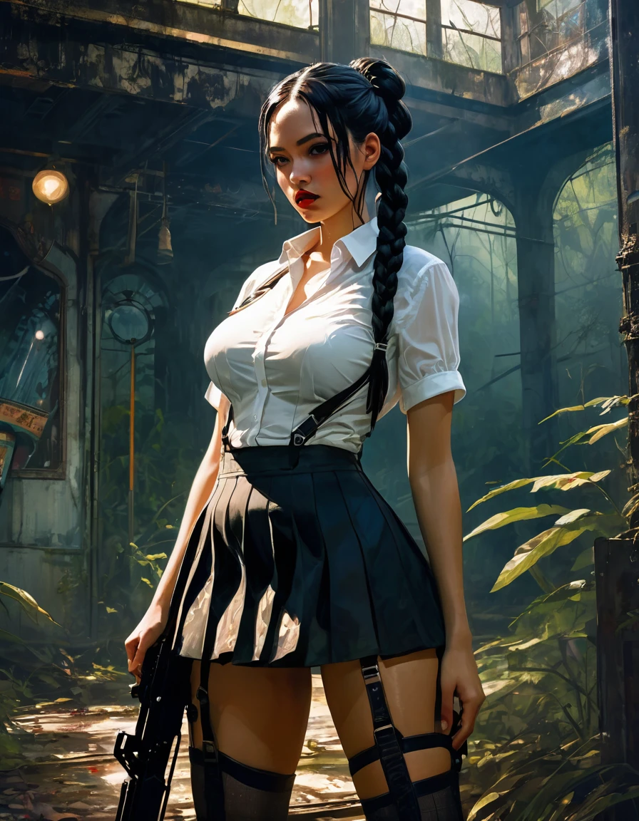 very sexy girl, braids, black hair, miniskirt, stockings, semi-open transparent white shirt, with a gun, blood, in an abandoned amusement park, abandoned attractions among vegetation. between shadows, oil painting, chiaroscuro, sensual, dramatic lighting, moody atmosphere, photorealistic, intricate details, masterpiece, ultra-detailed, high quality, 8k, best quality, realistic, cinematic, dark and brooding, expressionistic, powerful composition, emotional impact, Bill Sienkiewicz inspired art
