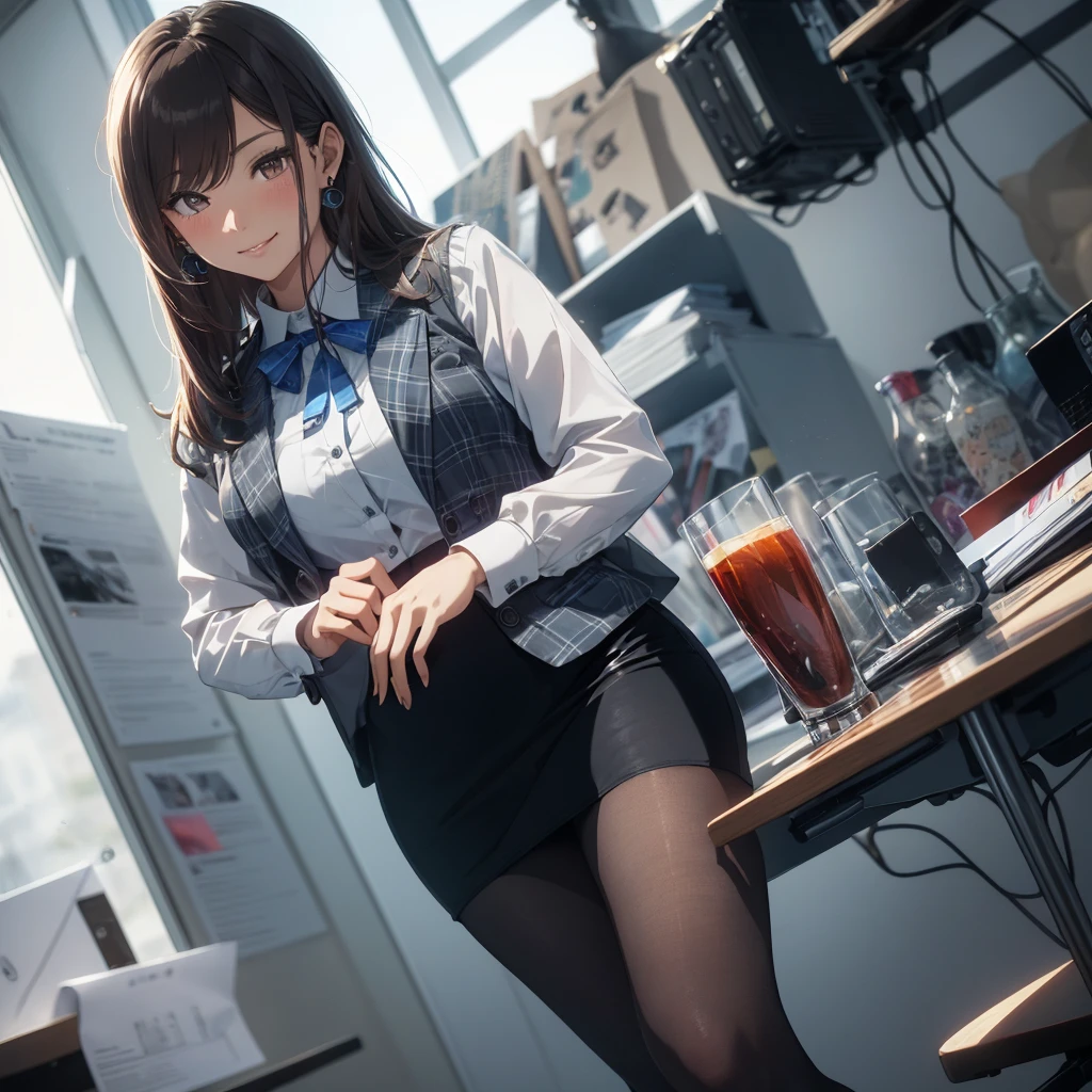 ((((1ladyl,))))  (masterpiece), (realistic), (best quality), (ultra-detailed),  amazing 30 years old wife,  pantyshot, long brown hair, office lady, Wearing a pink plaid vest, White short sleeved shirt, Gray pencil skirt, Wear stiletto heels, Necklace, earrings,  Cute face, Smile, Blushing, Shyness, Glass wall, Ultra Detail, Realistic, Front view, Whole body, (wearing in [[white and gray check pattern]] Vest worn over white collared long-sleeved shirt:1.4), (gray vest with buttons:1.2), (Pink Theme:1.2), (blue ribbon ribbon:1.3), (Black theme:1.4), (Tight black pencil skirt:1.5), ((Brown pantyhose)), (high-heels:1.1),longskirt,office desk, office chair,Lulubre Unity 8K Wallpaper, Beautiful background, clearly, Best Quality, The highest resolution, Best aesthetic,extremely detailed CG unity 8k,