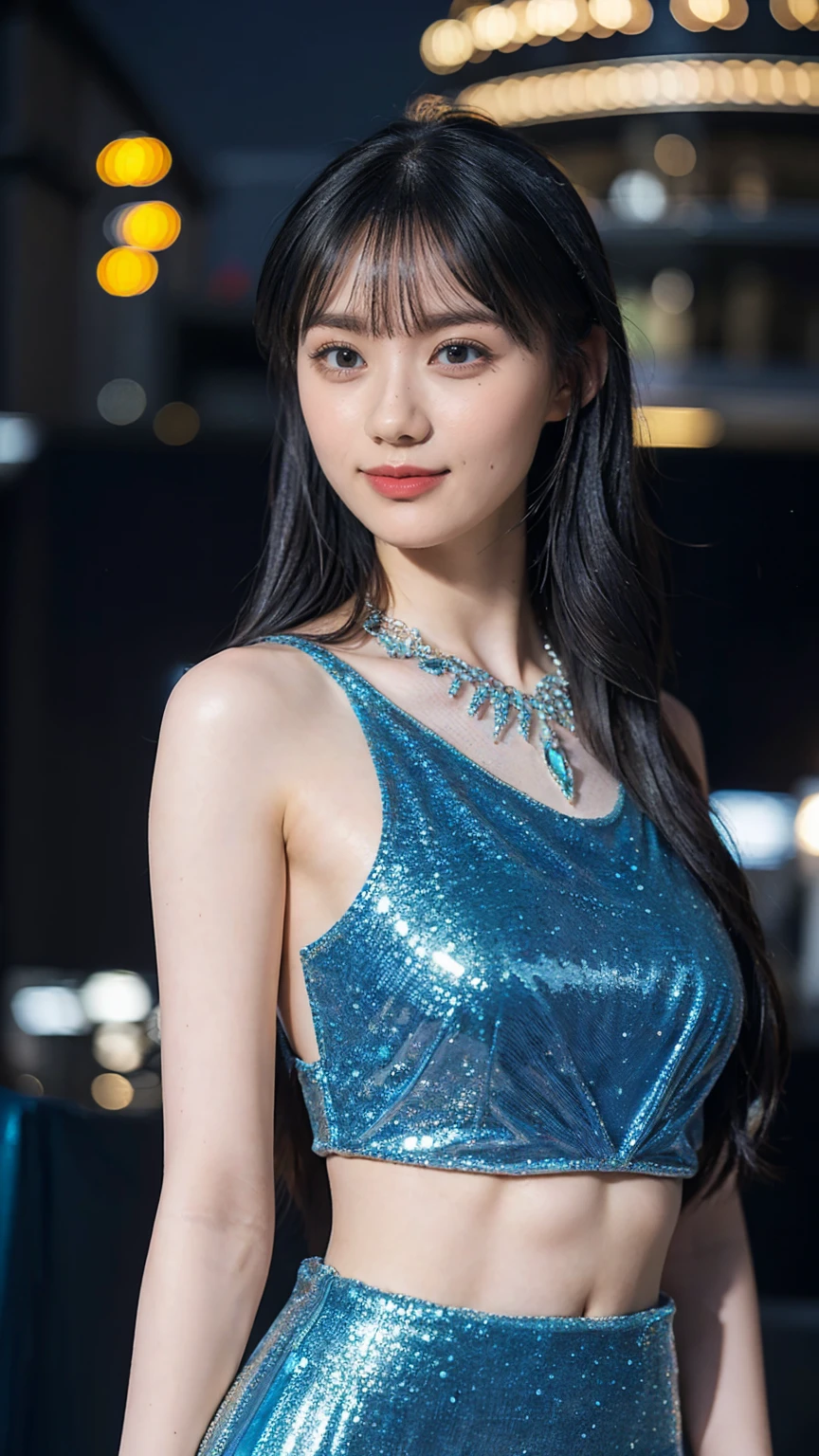 1girl,(wearing a blue glittery evening crop dress:1.2),(RAW photo, best quality), (realistic, photo-realistic:1.4), masterpiece, an extremely delicate and beautiful, extremely detailed, 2k wallpaper, Amazing, finely detail, extremely detailed CG unity 8k wallpaper, ultra-detailed, highres, soft light, beautiful detailed girl, extremely detailed eyes and face, beautiful detailed nose, beautiful detailed eyes,cinematic lighting,city lights at night,perfect ???????,slender body,light smile,close up,(long hair with bangs)