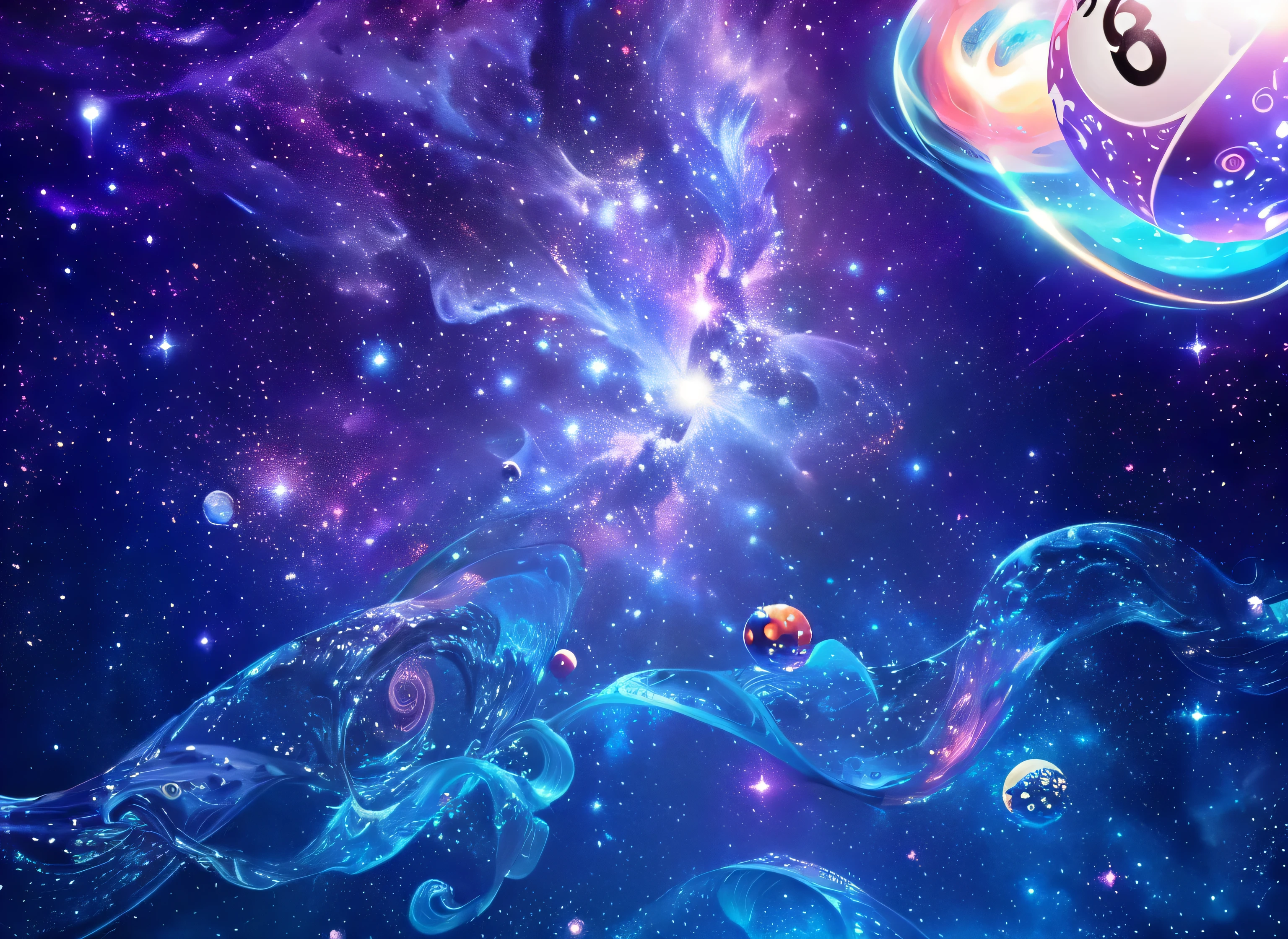 Billiard balls flying in the air, Background artwork, astral background, floating in a cosmic nebula, Space Background, Tentacles in the Universe, On galaxy background, Floating in deep space, space jellyfish, Galactic DMT Entity, Koi floating in space, desktop background, HD Wallpapers, In the starry sky