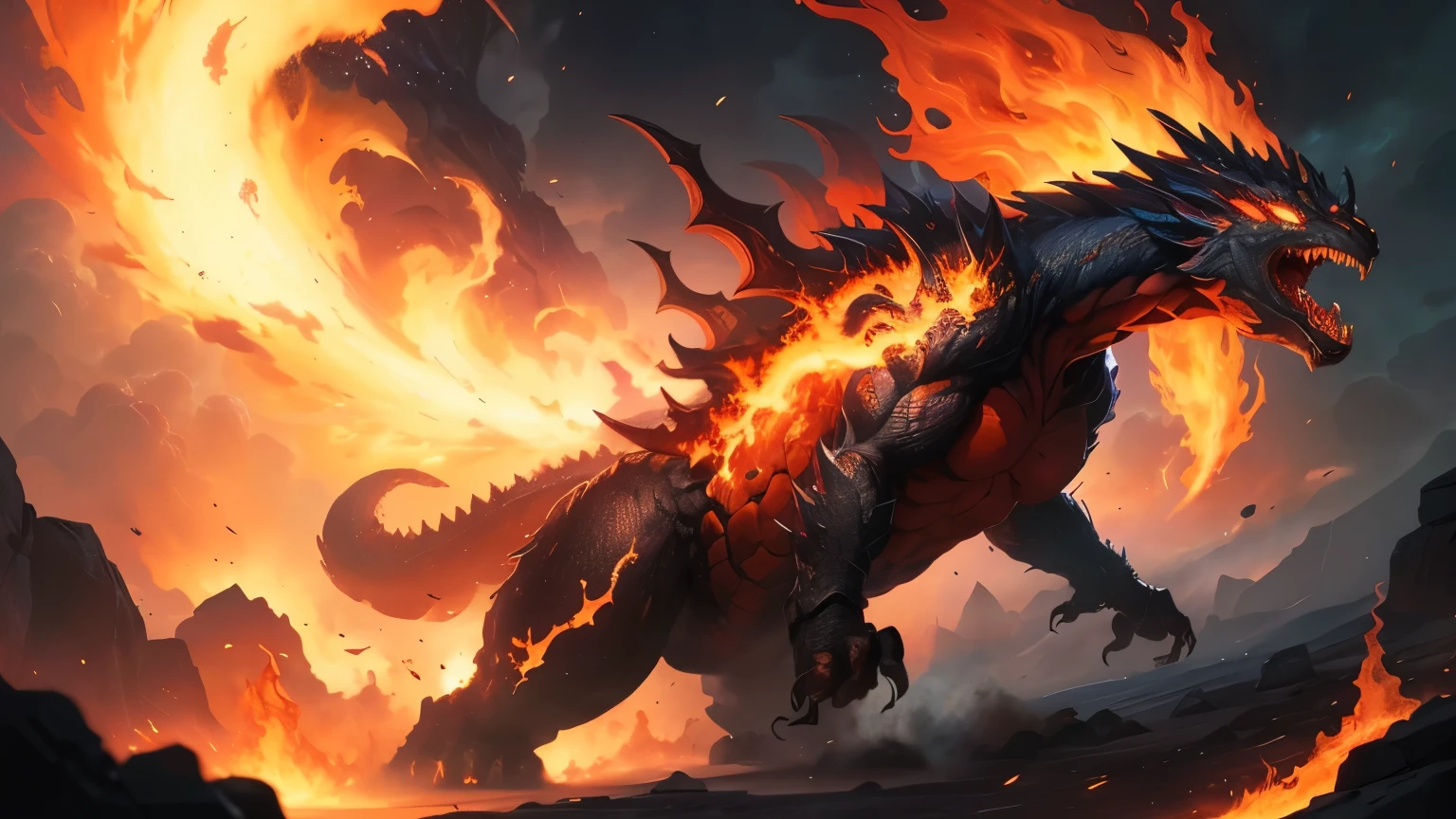 ((best quality)), ((masterpiece)), (detailed), A digital illustration of a giant monster falling from the sky with a fiery lava background