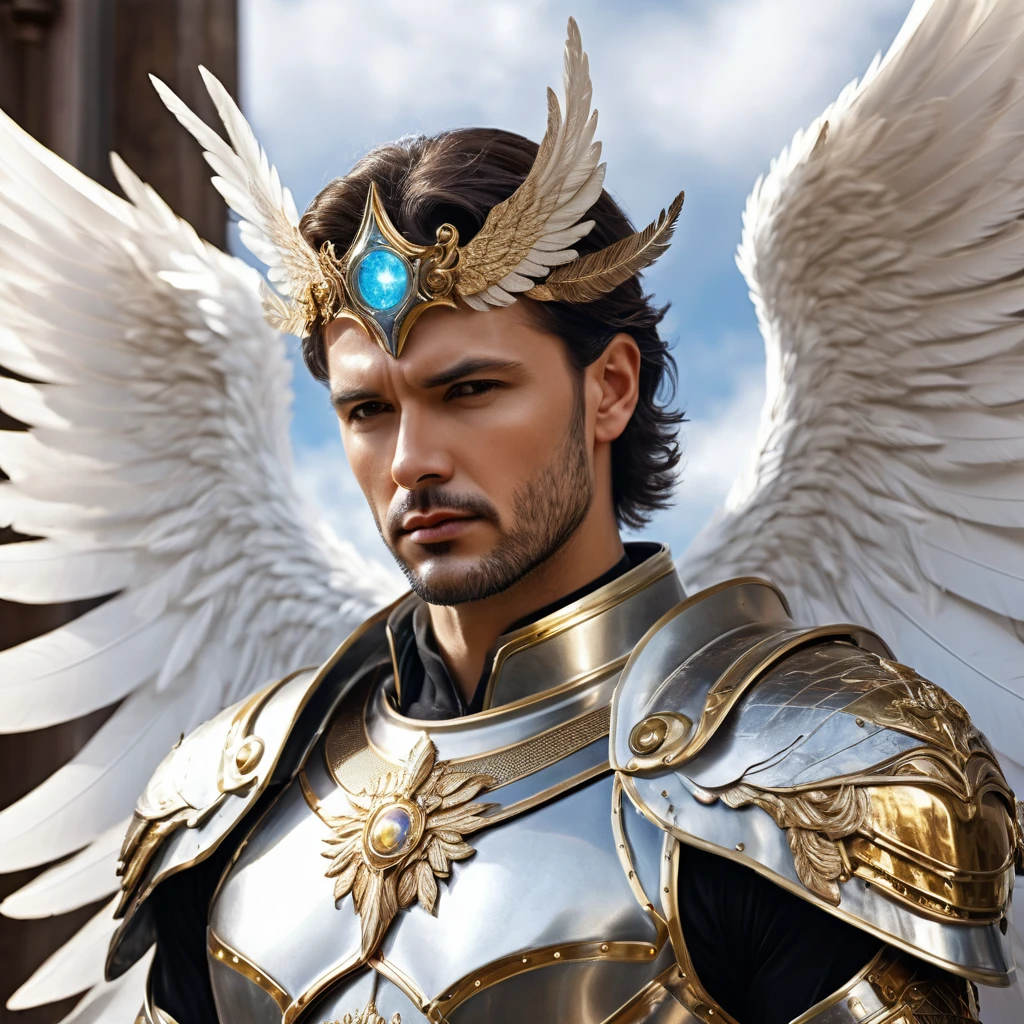 portrait angel man omega celestial with sacred armor, falling angel feathers, in the style of realism, 8k, estilo Angel Sanctuary, realisitic 