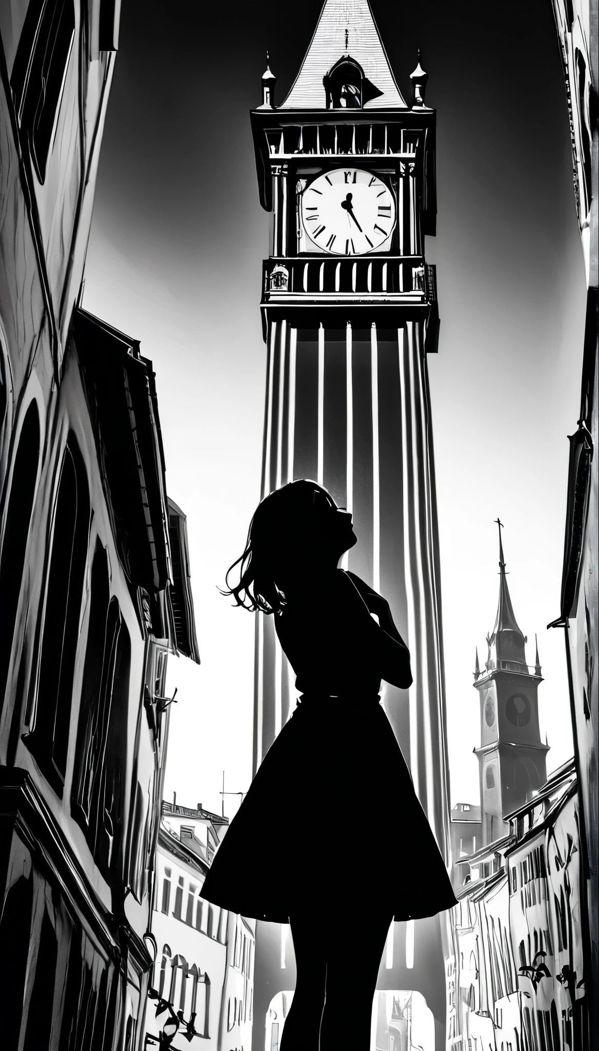 ((Monochrome artwork))、High contrast、(8k, Highest quality)、Ultra-high resolution、adorable、Highest quality, beautiful, Absurd beauty、masterpiece、Best image quality、(Silhouette),Clock Tower and Girl Theme、European Landscape、Clock Tower Background、A girl taking a commemorative photo、Looking up from below、Emphasize shading