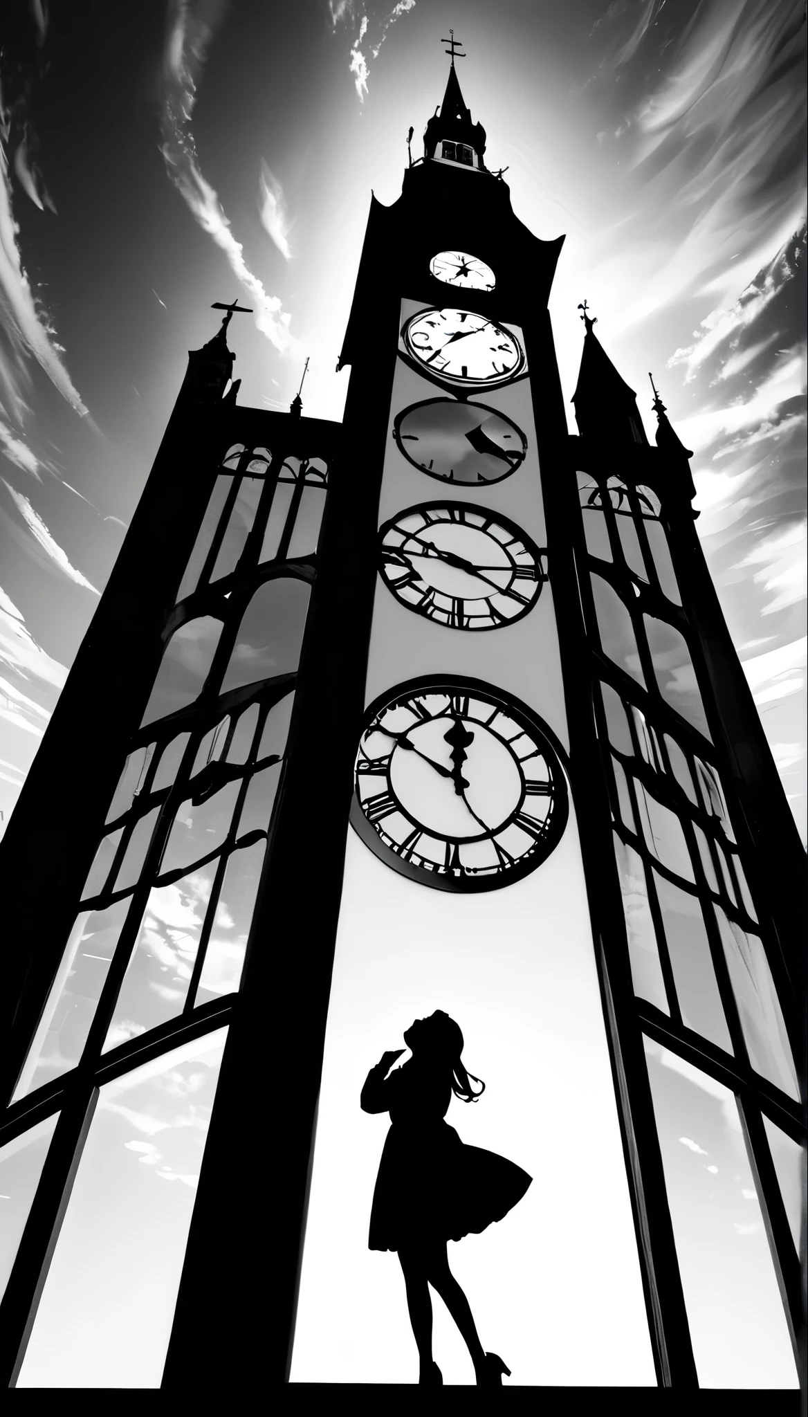 ((Monochrome artwork))、High contrast、(8k, Highest quality)、Ultra-high resolution、adorable、Highest quality, beautiful, Absurd beauty、masterpiece、Best image quality、(Silhouette),Clock Tower and Girl Theme、European Landscape、Clock Tower Background、A girl taking a commemorative photo、Looking up from below、Emphasize shading,Girl looking up