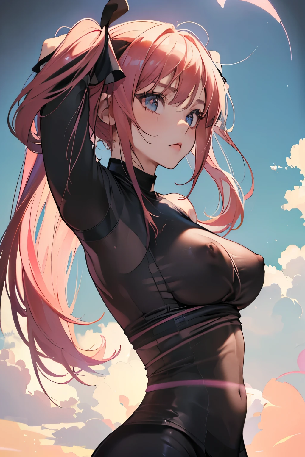 masterpiece，High resolution，Highest quality，In the grassland, (Upper Body），((Put your hands on your back)), Cute Face，，Pink Hair、Twin tails、((Shoot from the front:1.5)), ((Tight blackＴshirt:1.5)), ((Tight yoga pants)). ((Transparent nipples))、rocket , ((Big Breasts:1.3))