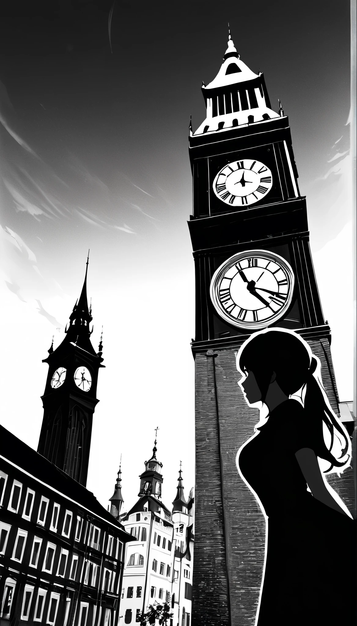 ((Monochrome artwork))、((Paper cutting style)),High contrast、(8k, Highest quality)、Ultra-high resolution、adorable、Highest quality, beautiful, Absurd beauty、masterpiece、Best image quality、(Silhouette),Clock Tower and Girl Theme、European Landscape、Clock Tower Background、A girl taking a commemorative photo、Looking up from below、Emphasize shading