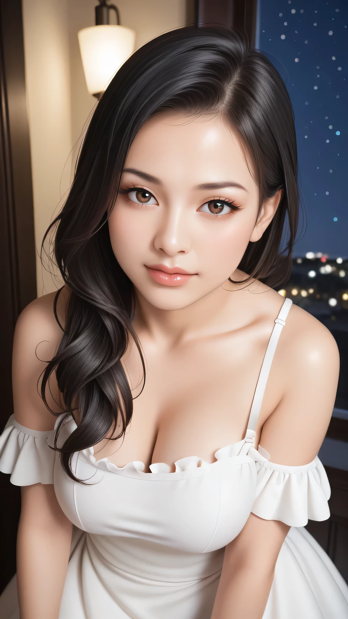 ,score_9,score_8_superior,score_7_superior, 20-year-old, 8k, High resolution, beautiful girl, Black Hair, Straight hair, One girl, Detailed face, Beautiful woman face, frill dress, moolight, night sky, View your viewers,