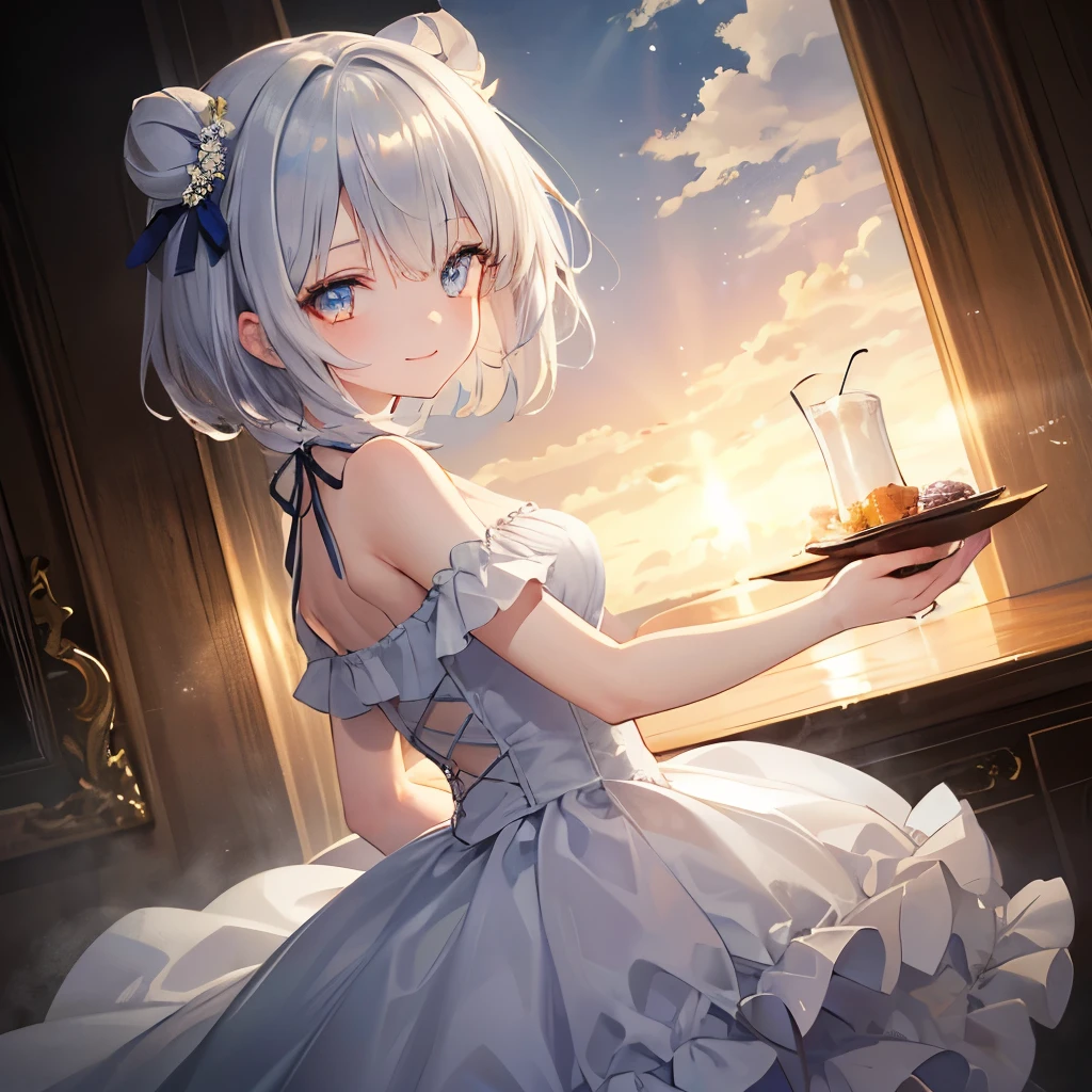 (((masterpiece:1.2, best quality, ultra detailed))),dynamic angle, cowboy shot, 1 girl, (two buns hair), fluffy silver short hair, white dress, detailed, standing, detailed pretty face, light smile, detailed eyes, dramatic lighting