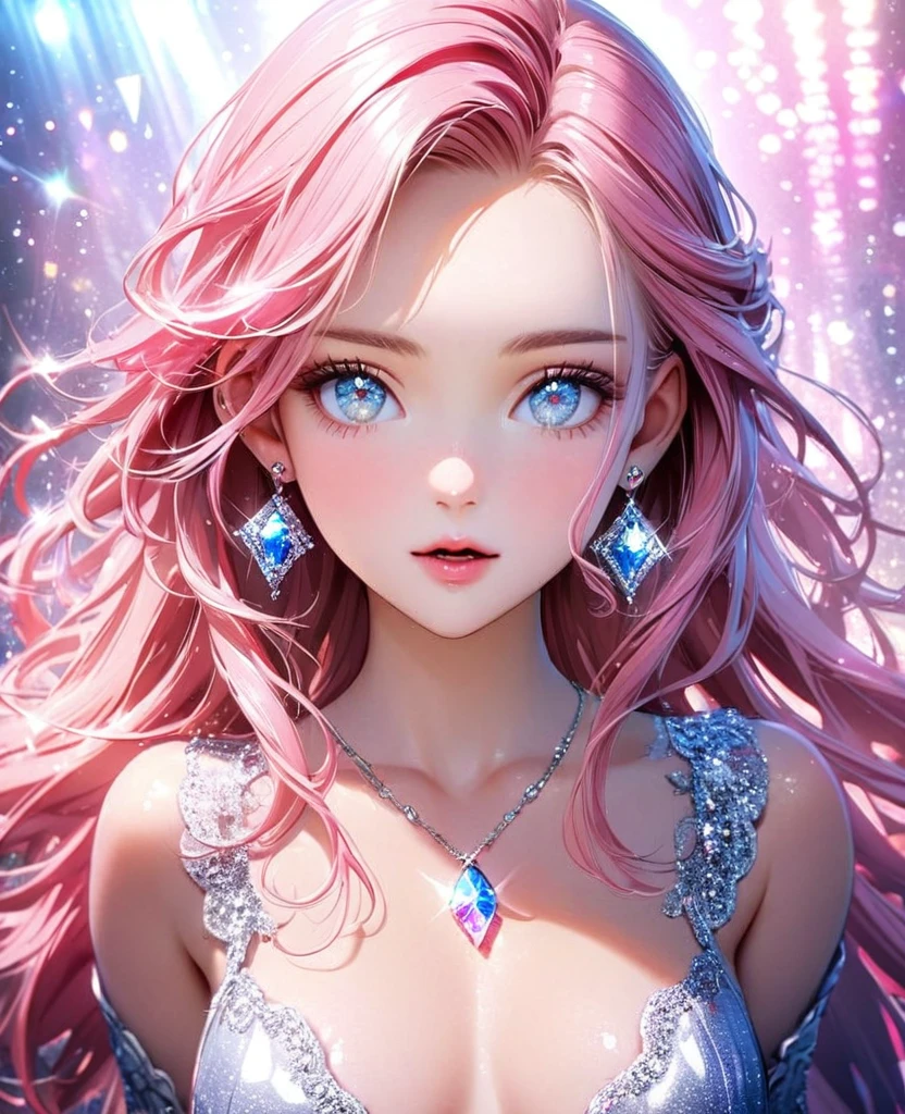 8K,gal,an extremely delicate and beautiful,Beautiful and realistic skin,Shiny jewel-like earrings,Shine like glitter long pink hair,beautiful eyes,glitter background,from the chest up