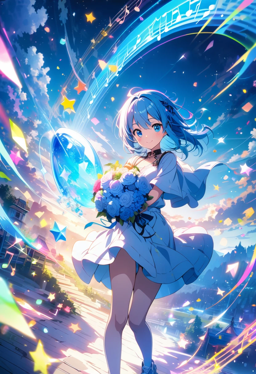 Anime style, ultra-detailed, 8K CG, blue-haired girl, smile, blue world, mysterious blue objects floating, star, musical note, rainbow, (holding a bouquet:1.4)
