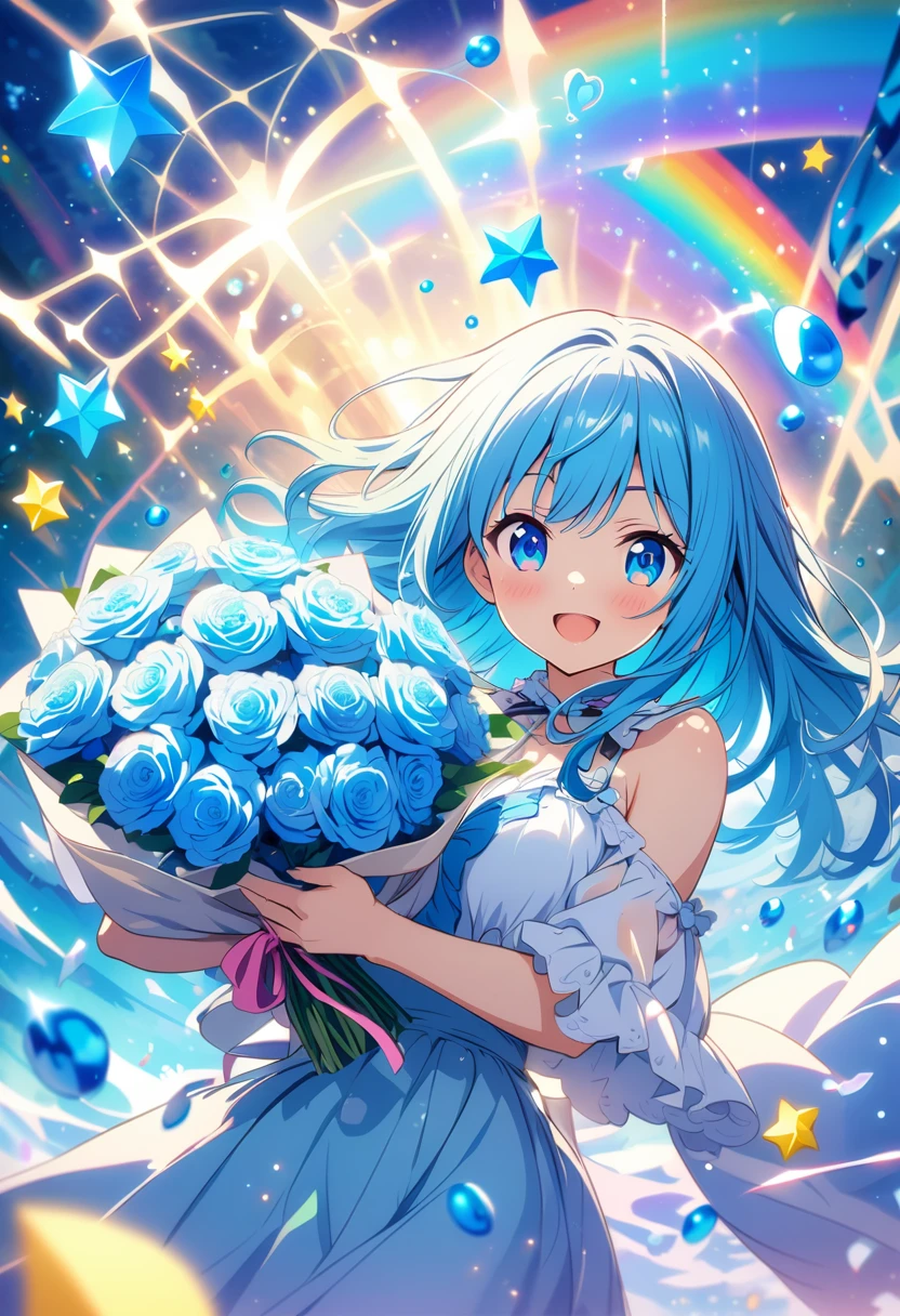 Anime style, ultra-detailed, 8K CG, blue-haired girl, smile, blue world, mysterious blue objects floating, star, musical note, rainbow, (holding a bouquet:1.4)