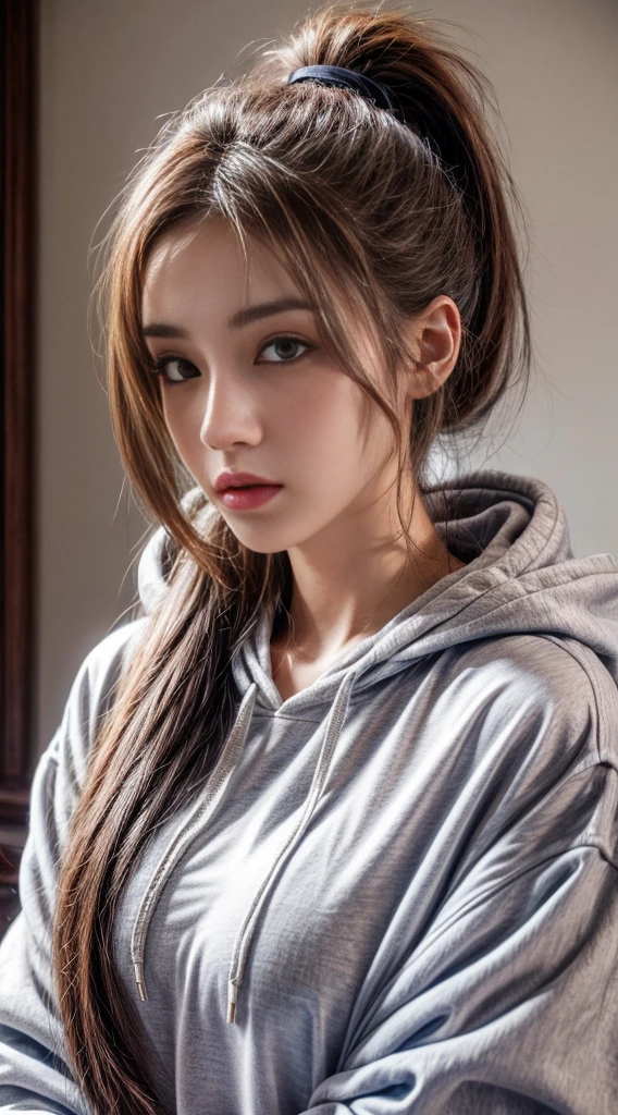 One girl, solo, Long Hair, Gaze, chest, High resolution, masterpiece, ponytail, Wearing a large hoodie,