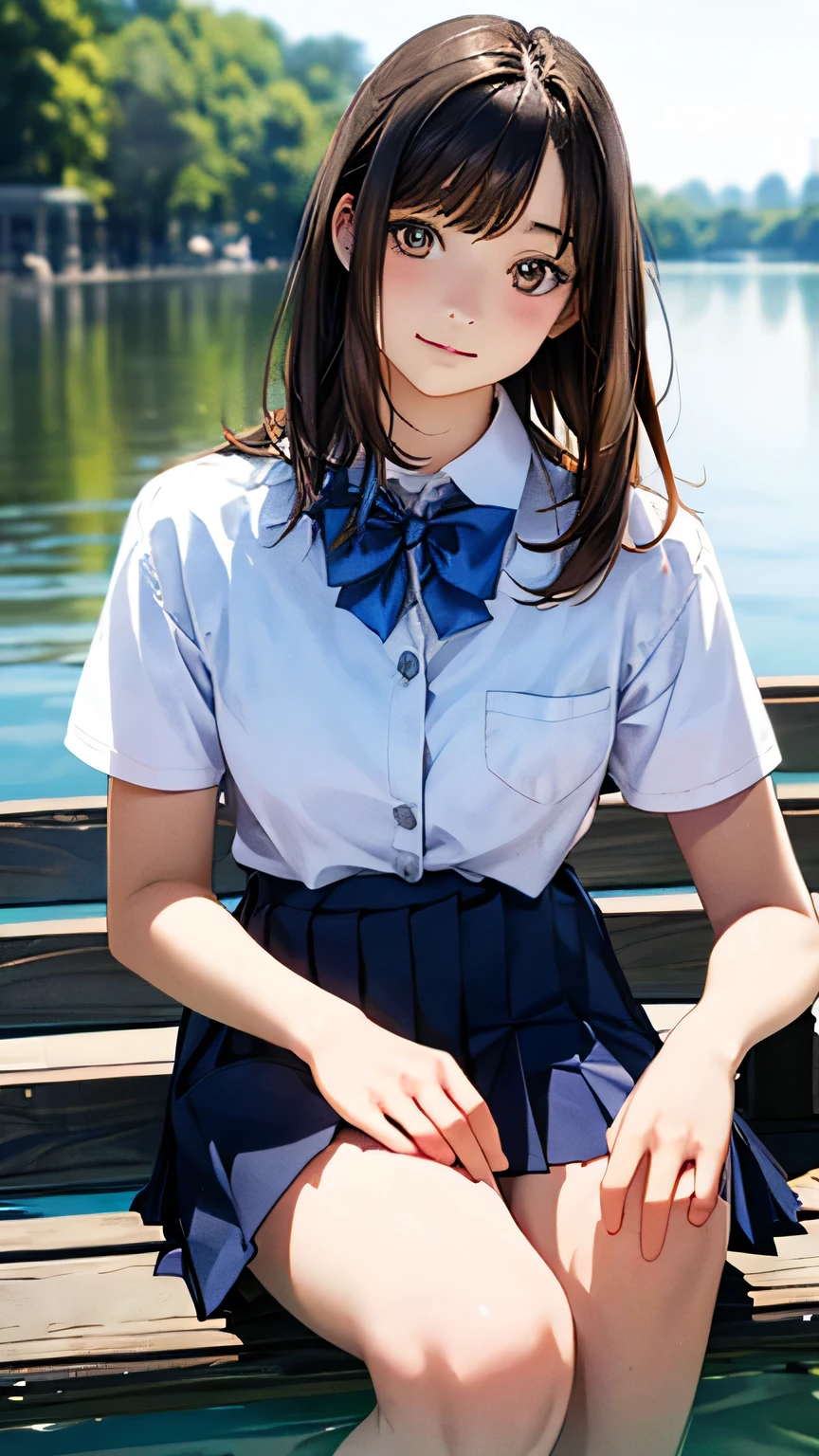 (masterpiece:1.2, top-quality), (realistic, photorealistic:1.4), beautiful illustration, (natural side lighting, movie lighting), 
looking at viewer, 1 girl, japanese, junior high school girl, 12 years old, perfect face, cute and symmetrical face, shiny skin, slender, 
(middle hair:1.2, half updo:1.4, light brown hair), asymmetrical bangs, brown eyes, long eye lasher, (medium breasts:0.7), 
beautiful hair, beautiful face, beautiful detailed eyes, beautiful clavicle, beautiful body, beautiful chests, beautiful thigh, beautiful legs, beautiful fingers, 
((detailed cloth texture, short sleeve white collared shirt, blue pleated mini skirt, blue bow tai)), 
(beautiful scenery), evening, (riverside), standing, (cute, lovely smile, open mouth), 