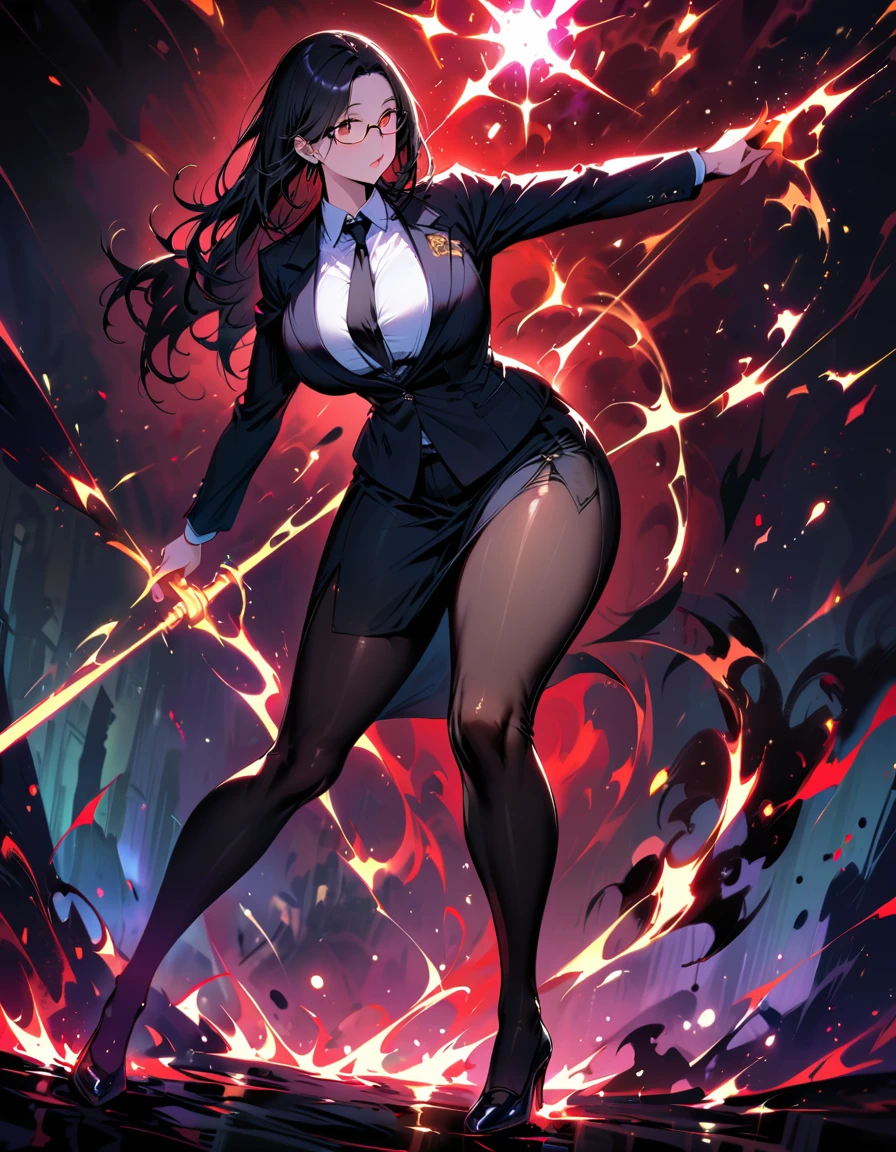 Mature beautiful woman,(Highest quality,Extremely detailed depiction,Incredibly absurd high resolution,Anatomically accurate depiction,Curvy Legs),(Glowing Skin,Shiny skin,),Cool female lawyer,Formal suit,Tight Skirt,Black Pantyhose,Lawyer Badge,Black tie,Glasses,Half-closed eyes:1.3,Large breasts,Under trial,background:Under trialの法廷:1.5