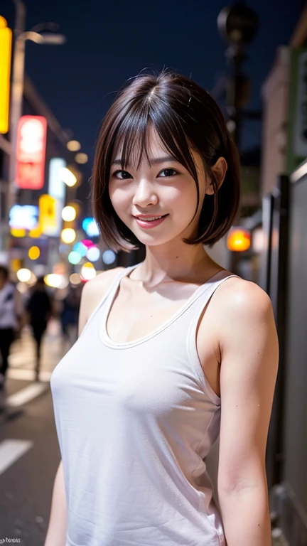 1 girl, Tokyo Street,night, Streetscape,City lights,Upper Body, Tank top,smile,, (8k, RAW Photos, Highest quality, masterpiece:1.2),(Realistic, photo-Realistic:1.37),