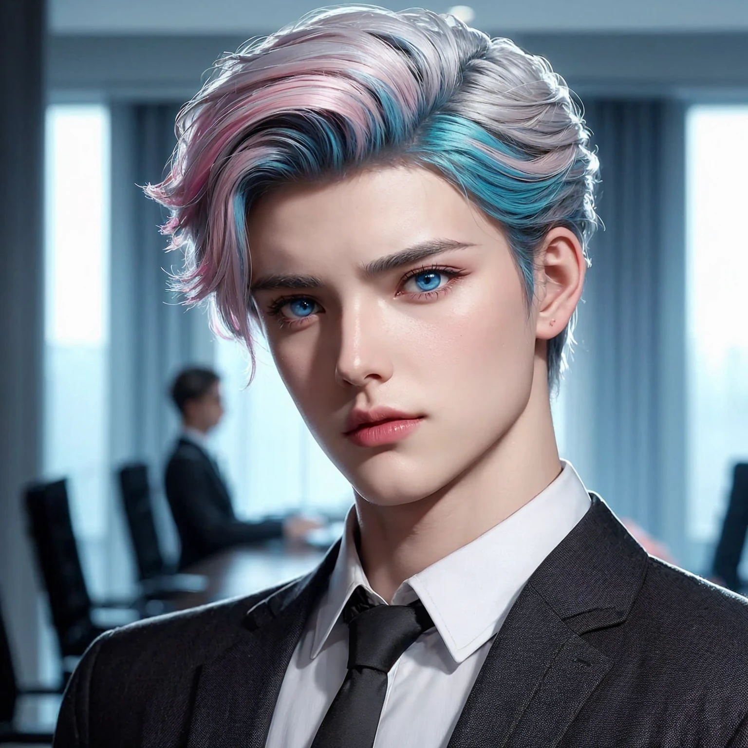 Handsome boy, blue eyes, white hair highlighted with pink and turquoise, serious face, wearing black formal suit, CEO office background