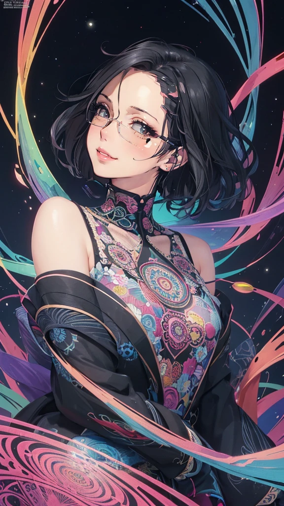 Official Art, unity 8k wallpaper, Very detailedな, Beautiful yet fleeting、beautiful, masterpiece, Highest quality,((universe)) (zenTangle, Mandala, Tangle, enTangle), Flower Ecstasy, Very detailed, ((Black short hair))、Dynamic Angle, ((Black Hair), ((Glasses))The most beautiful form of chaos, ((Kaoru Niimi)).elegant(()), Brutalist Design, Vibrant colors, Romanticism, James Jean, Robbie Dawi Anton, Ross Tran, Francis Bacon, It was very cold, Adrianne&#39;genius, Petra Cortright, Gerhard Richter, takato yamamoto, Ashley Wood, Atmospheric