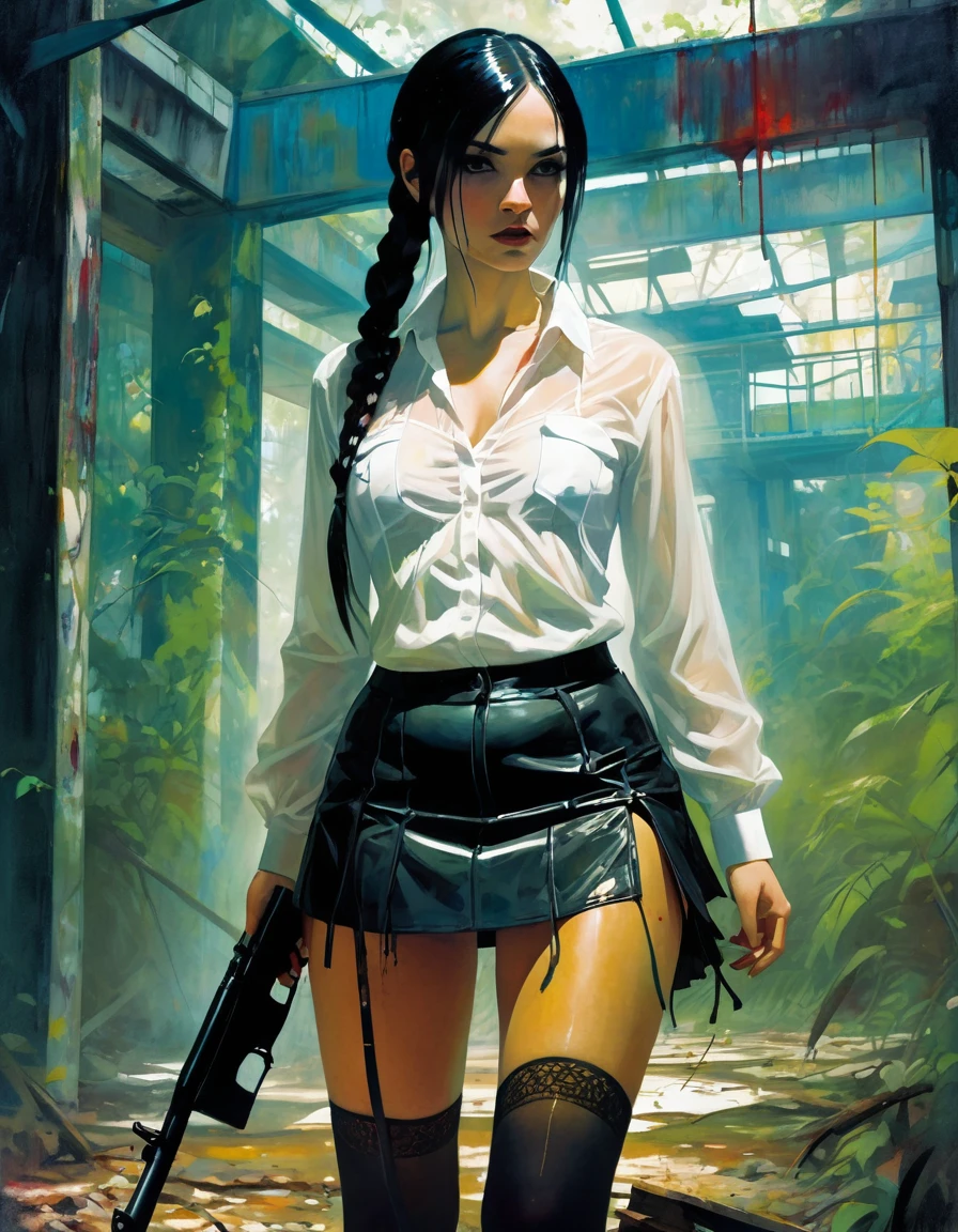 very sexy girl, braids, black hair, miniskirt, stockings, semi-open transparent white shirt, with a gun, blood, in an abandoned amusement park, abandoned attractions among vegetation. (art inspired in Bill Sienkiewicz). oil painting)
