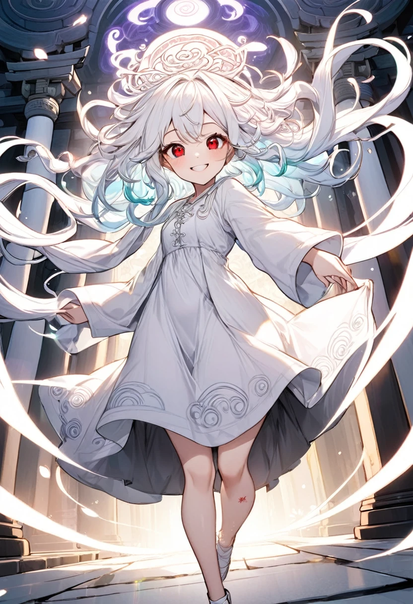line art, iridescent white light effect, 2.5D, delicate and dynamic, pure white world, cute white Medusa girl, captivating smile, loose dress, thin flat body line, skipping happily, covered in tattoos, temple, grounds, cartoon-style images, shading, contrast magic effects, BREAK attractive red eyes