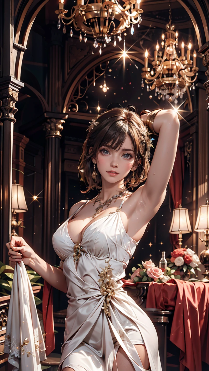 In the luxurious ballroom、A woman in an elegant dress is dancing gracefully。The crystal chandeliers sparkle、The light reflects off her dress, creating a beautiful glow.