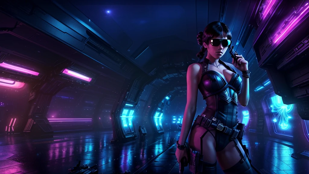 at night. futuristic space aircraft docking platform, neon-themed artwork with vibrant purple and blue colors, intense neon lights illuminating the entire scene, a dense layer of mist creating a dreamy atmosphere, a captivating and mesmerizing background with intricate details, a gaming-inspired theme with RGB lighting effects. (((1girl, solo, alone))), female assassin, large-breast:1.4 slim:0.8 body, medium hair, cleavage:1.1, sexy micro laced lingerie, (black sunglasses), (((((she raised a pistol:1.8 and shot the viewer))))), standing pose, ((half-body thigh:0.95 level medium shot)), cinematic lighting, lens flare, ray tracing.