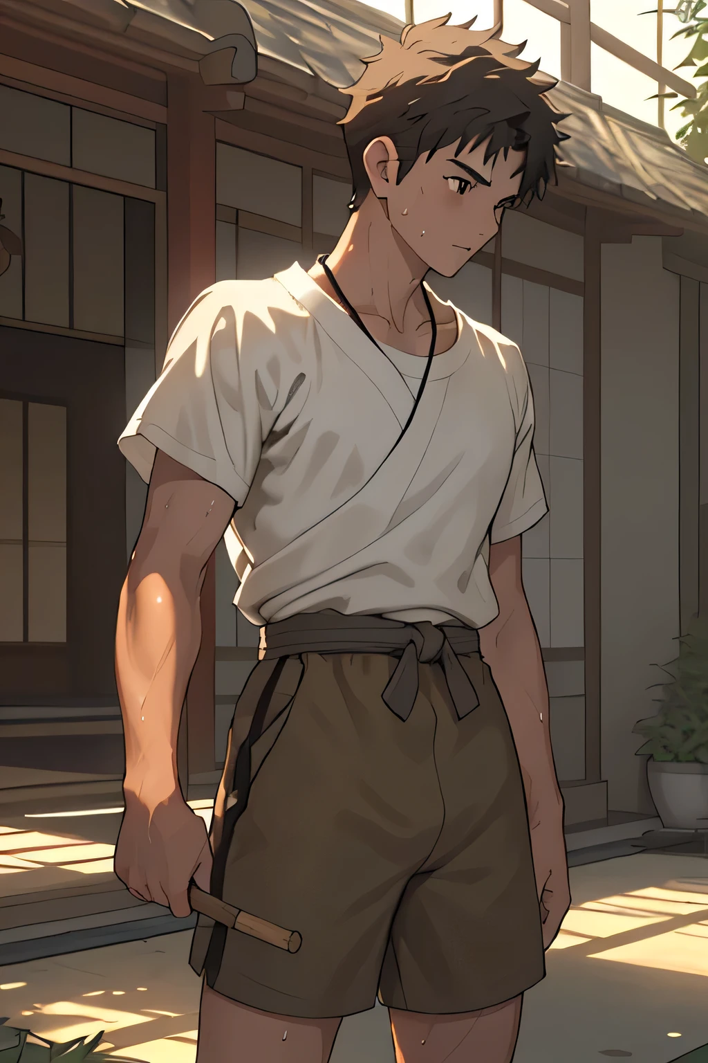 ((masterpiece)), ((best quality)), (ultra-detailed), (((((lighting forward, Garden of Japan house, Not in the shade, Landscape, Inside the spacious dojo, looking away))))), (8k, ultra-detailed, 1boy, solo,  boy, worm eyes), Young boy, eight: 168cm, 6.5 heads, baby face, Innoc ruddy skin, sweat)))), (Black Short straight hair, brown eyes), Vivid colors, ((plain T-shirts, A loose fitting plain Shorts, Holding a one-meter wooden stick, A crude necklace made from hemp string, Wiping sweat with a towel))