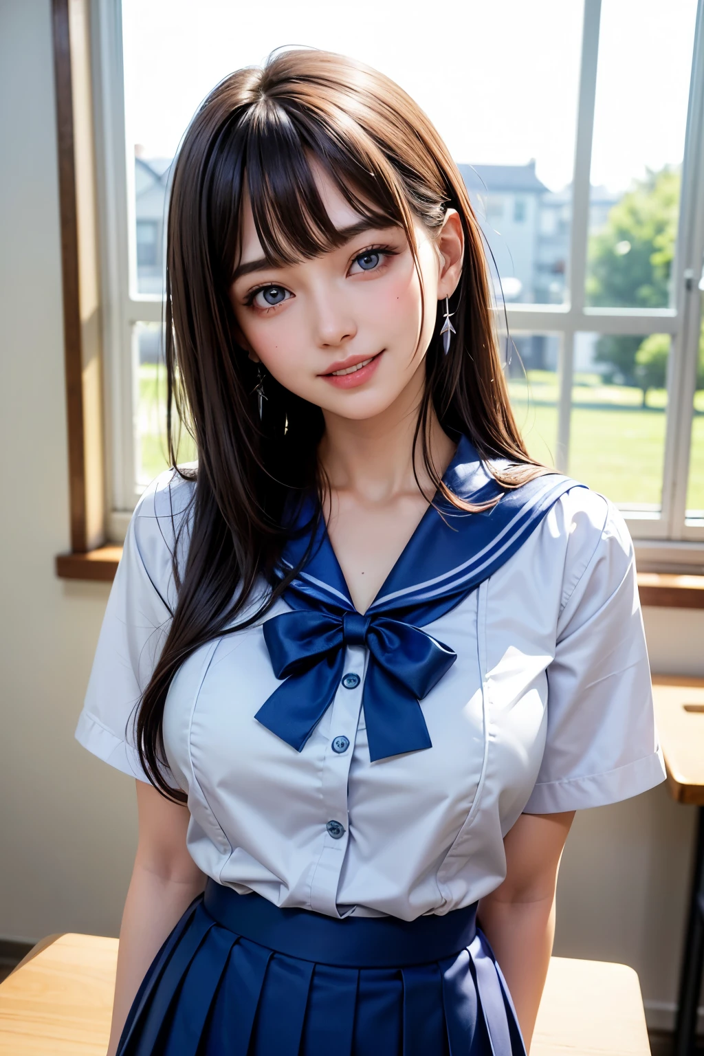 (Masseter region、Highest quality、Best image quality、High resolution、Highest quality、最High resolution、すべてをHigh resolutionで描画する、Very beautiful woman)、{Sailor suit|high school girl|blazer|Pleated skirt|mini skirt|Huge boobs} school uniform)、Vivid crystal light blue eyes、very brightly colored eyes、Smaller diamond-shaped earrings、Look closely at the camera、Listen carefully、Beautiful Hair、Beautiful super short hairstyle with bangs:1.6、Show off your beautiful décolletage、Beautiful 28 years old、Lip gloss、Long neck、smile、Cute smile、Beautiful teeth alignment、beauty、Beautiful woman、A pure white business shirt with an open chest、Shining light from the window、Slightly larger eyes、Very mature and beautiful woman、Small face、Tall Supermodels、Broad shouldered supermodel、very beautiful big breasts、Beautiful cleavage、The background is a school classroom.