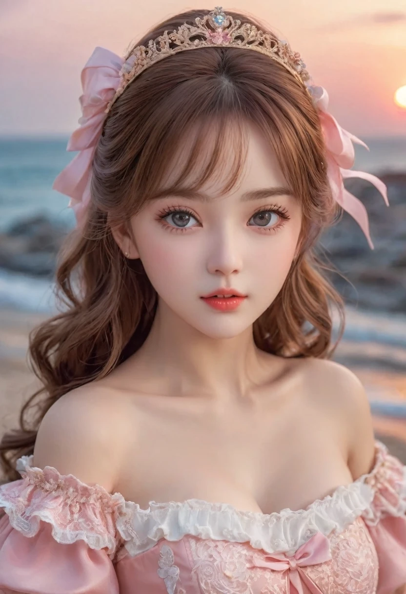 Highest quality, Super nothing, Realistic, Beautiful Woman Photos, Young people in their 30s, Detailed face, Brown Hair,Beautiful Hair、Exquisite porcelain doll,Delicate clothes with plenty of frills and ribbons), Beach, (Face close-up), Attractive look, Looking at the audience、High Performance、High quality waiting to start (Highest quality, 8k, masterpiece: 1.3), Clear focus: 1.2, beauty: 1.4, Abdominal muscles: 1.1, Brown Hair, Princess Dress: 1.4, Outdoors at night: 1.1, Cityscape, Beautiful face and eyes, double eyelid. Add Realistic lighting, Be careful when adjusting ratios.Luxury Dresses、Pink Dress