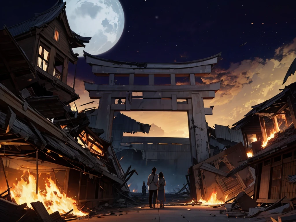 a mother and kid holding hands looking at a destroyed in fire feudal japanese city, giant torii on fire